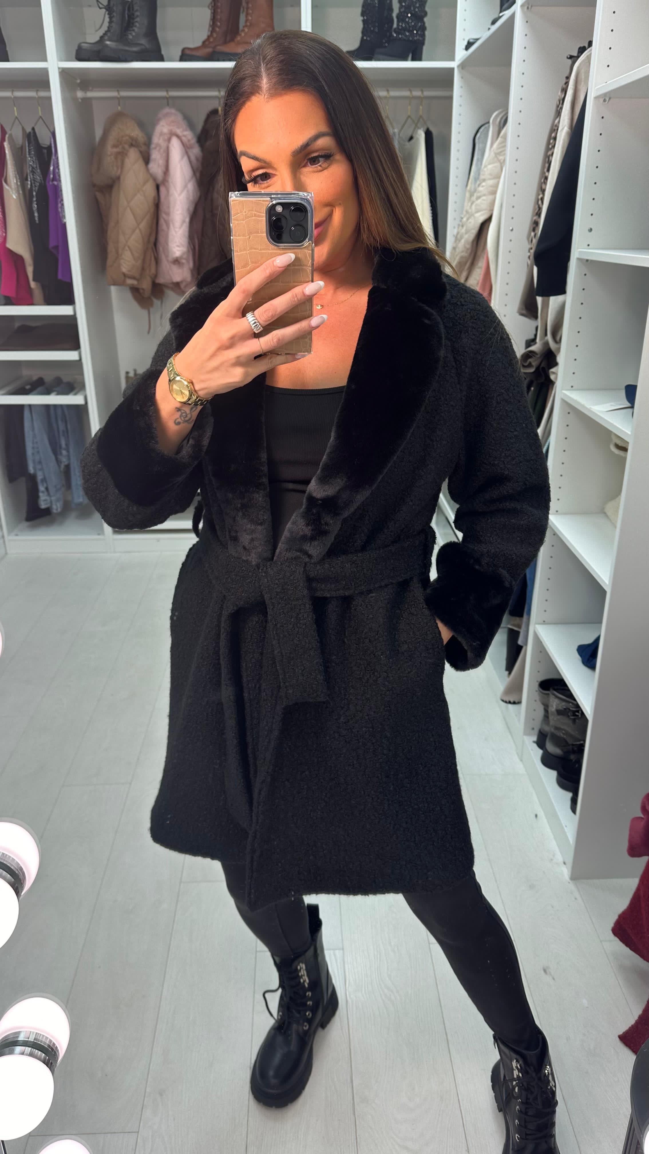 Pamy Boucle Faux Fur Detail Belted Coat