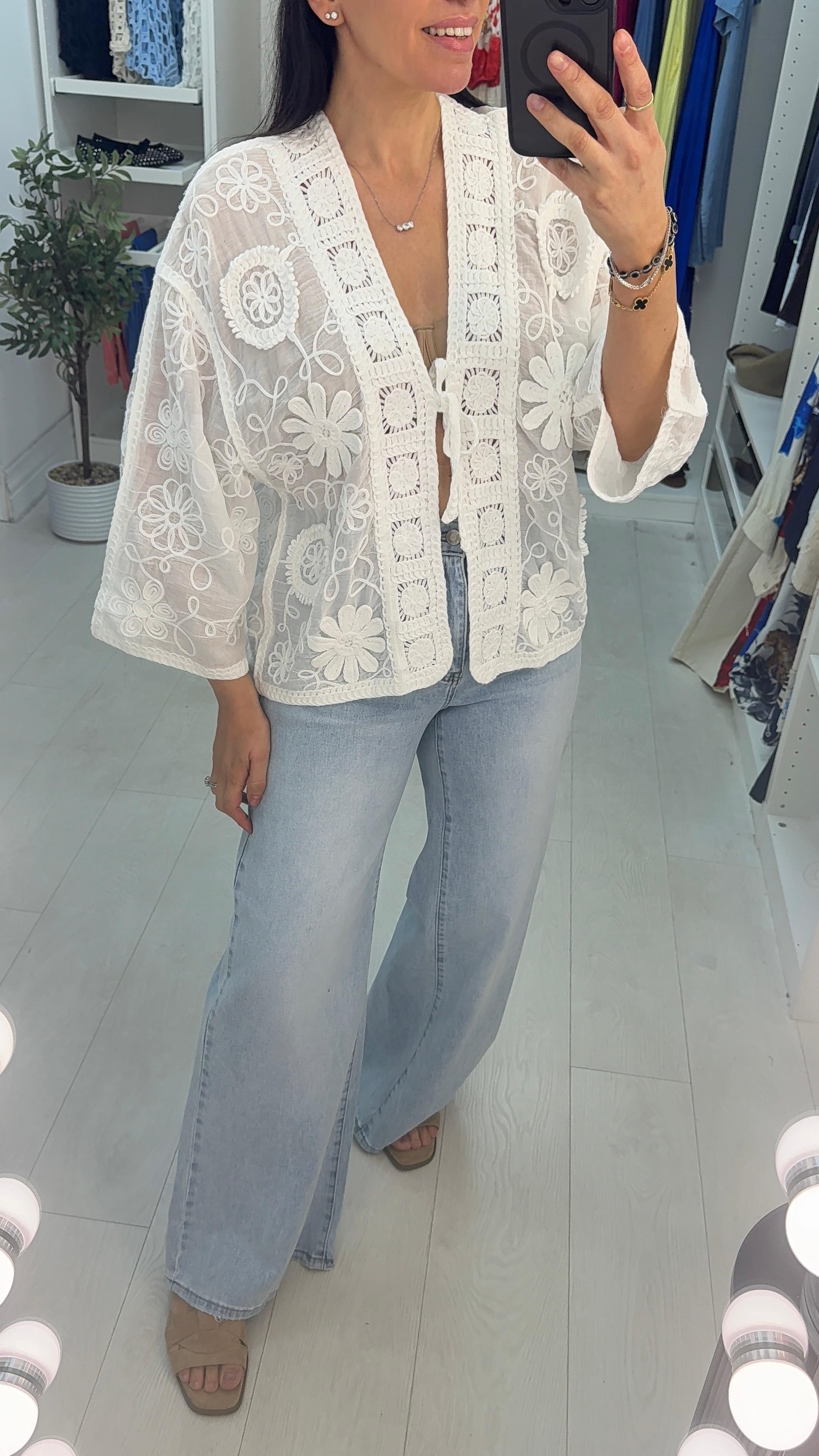 Liana Plain Embroidered Tie Front Cardigan