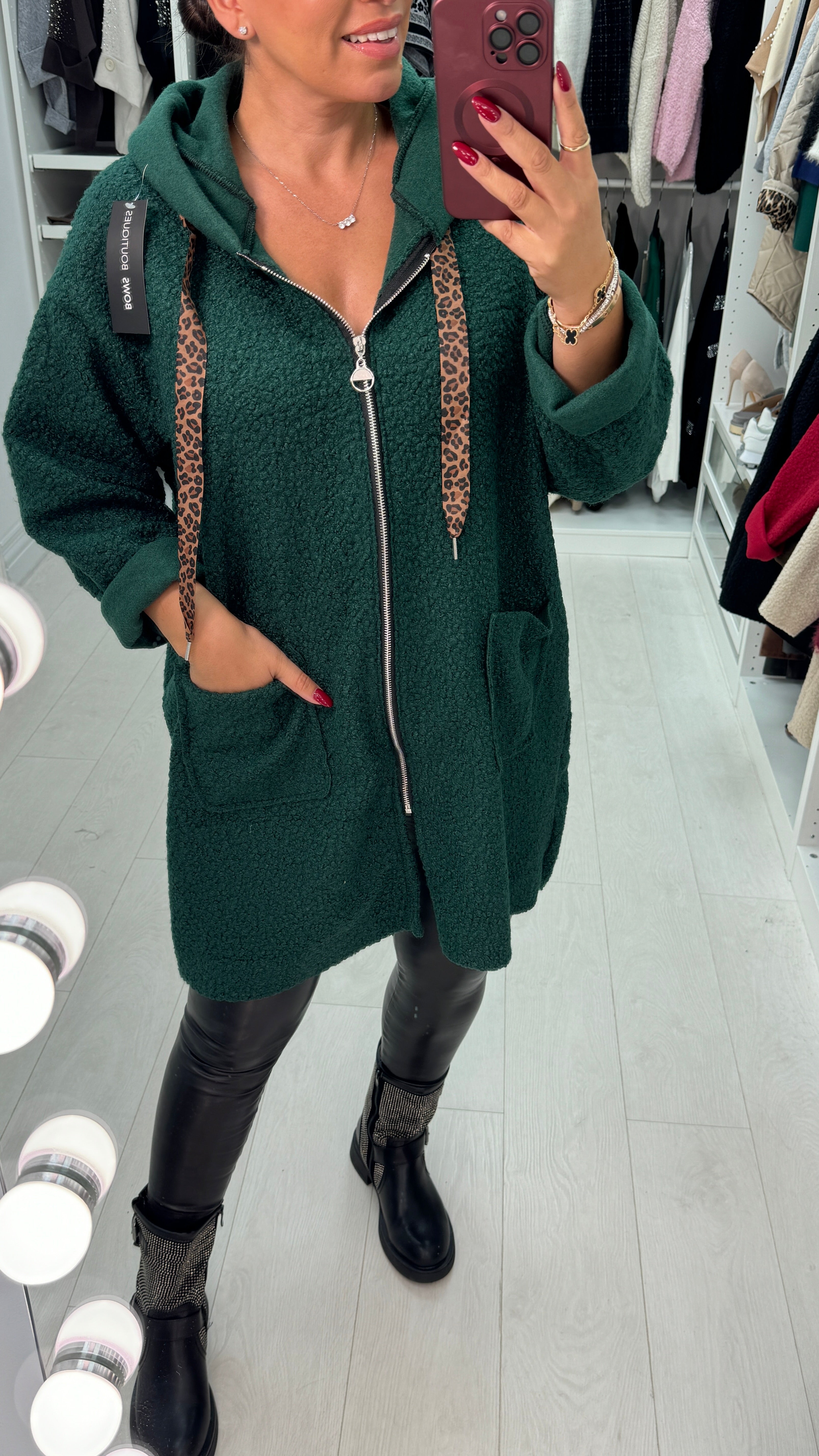 Lindsey Boucle Hooded Leopard Detail Jacket