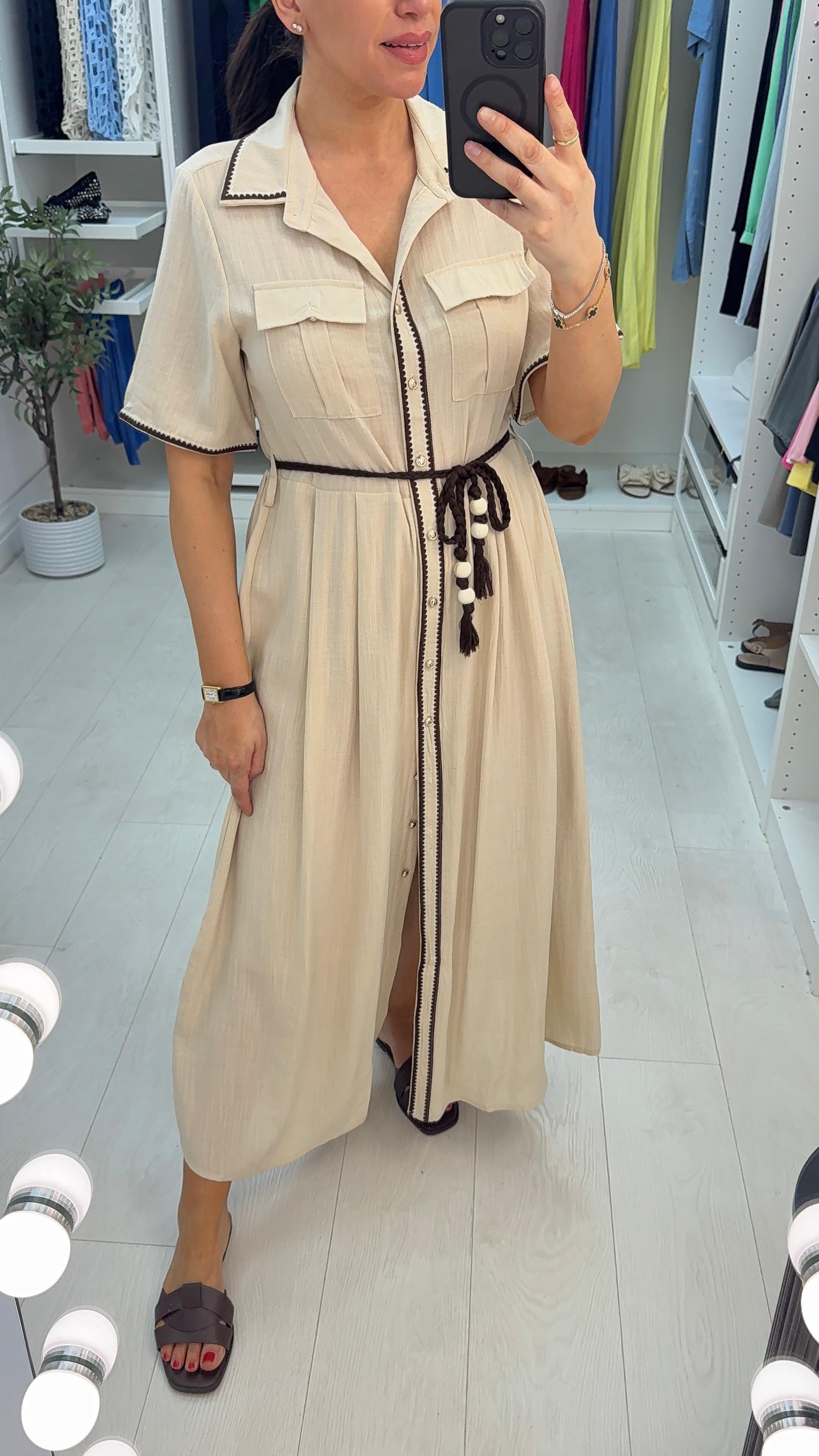 Ashlyn Embroidered Trim Maxi Shirt Dress