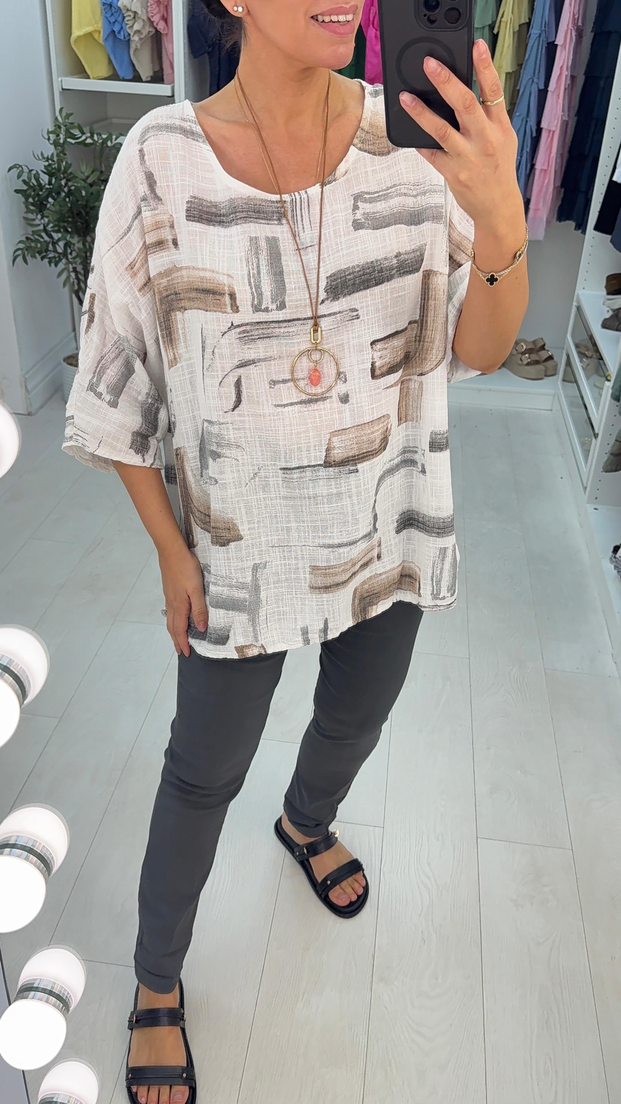 Ivona Abstract Print Necklace Dipped Hem Top