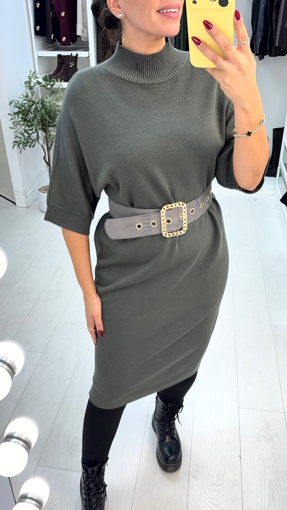 Katherine Plain High Neck Belted Jumper Dress