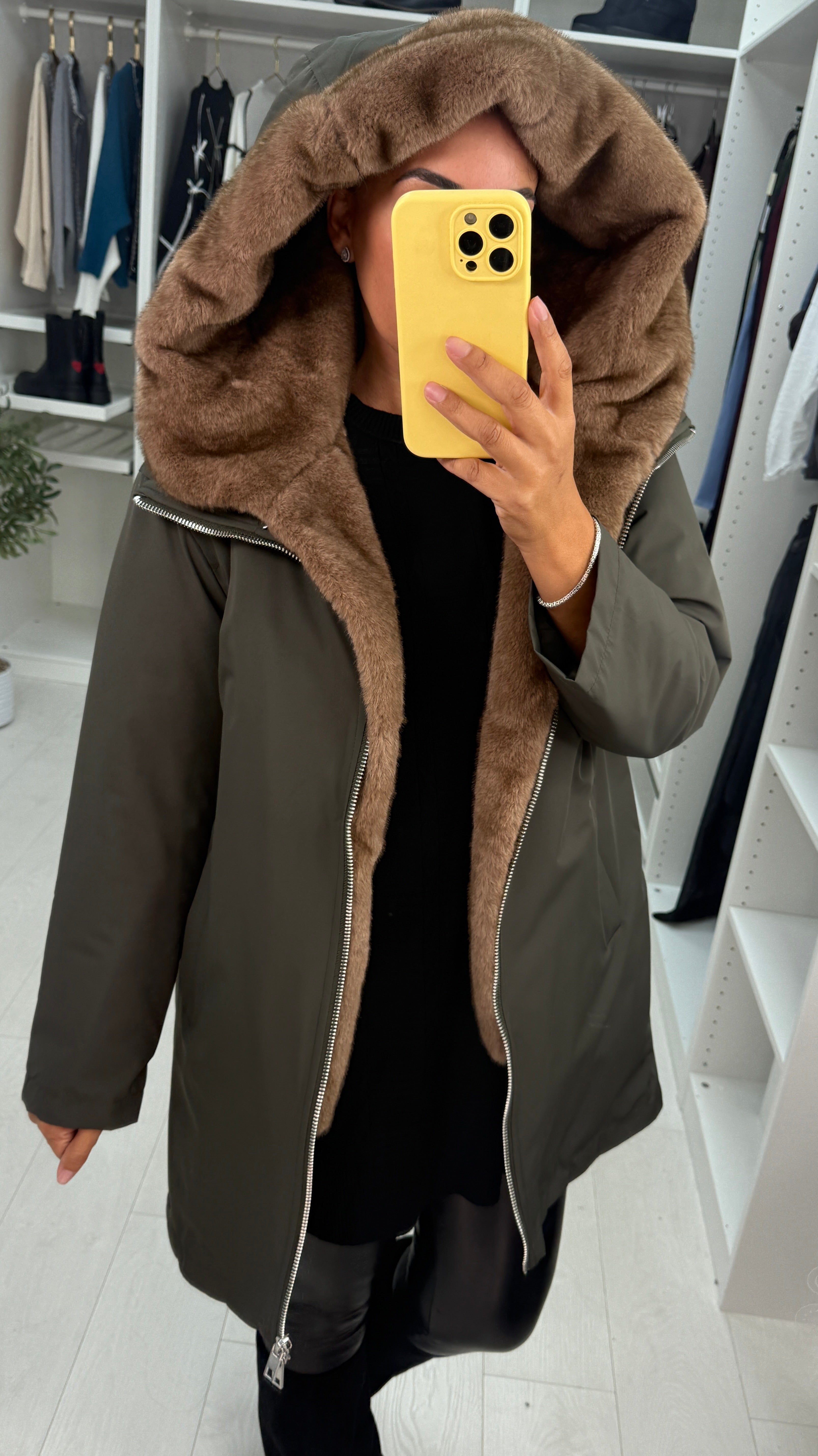 Kassy Plain Faux Fur Hood Parka Coat