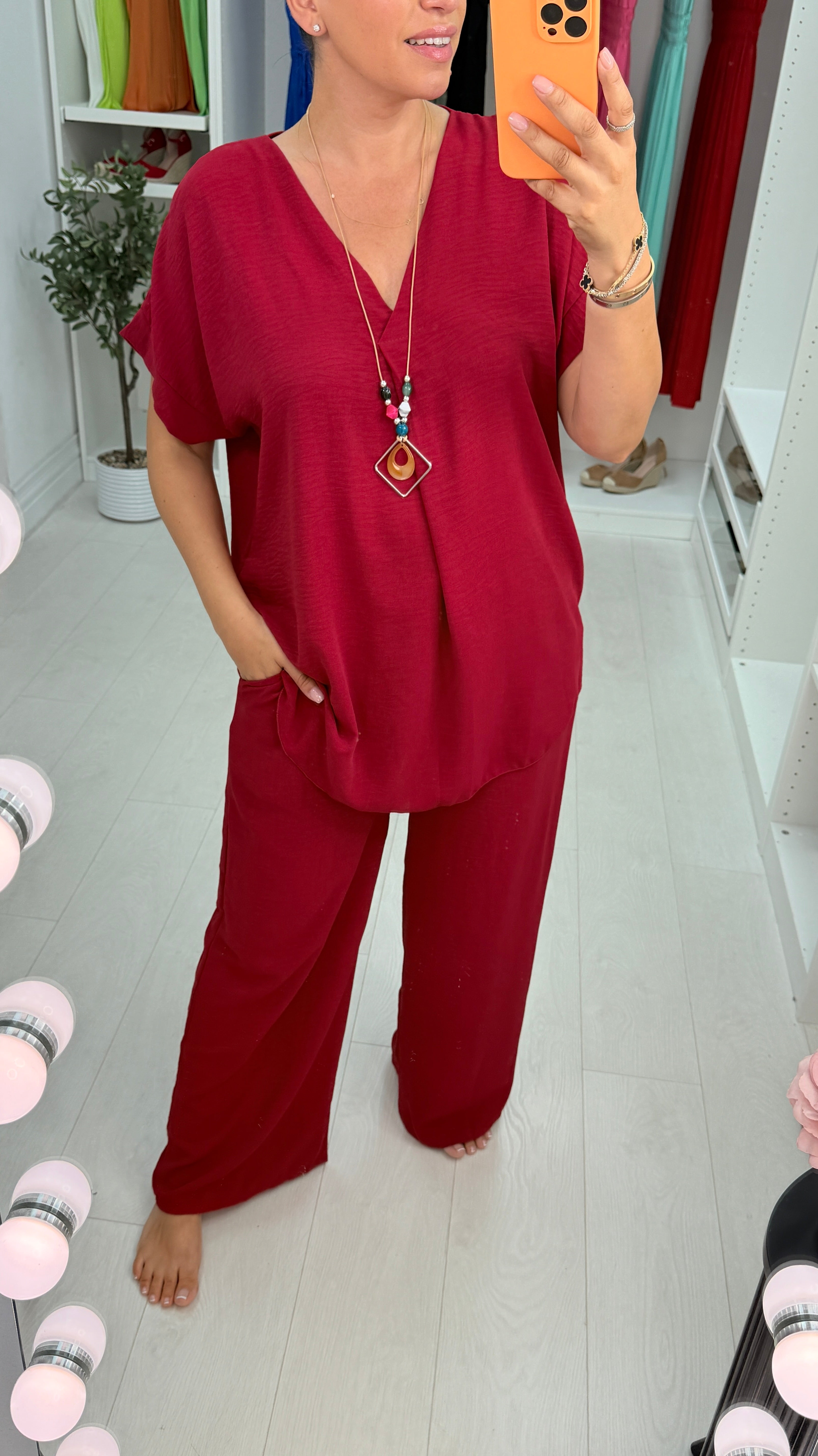 Latisha Plain V Neck Loose Fit Crepe Co-Ord Set