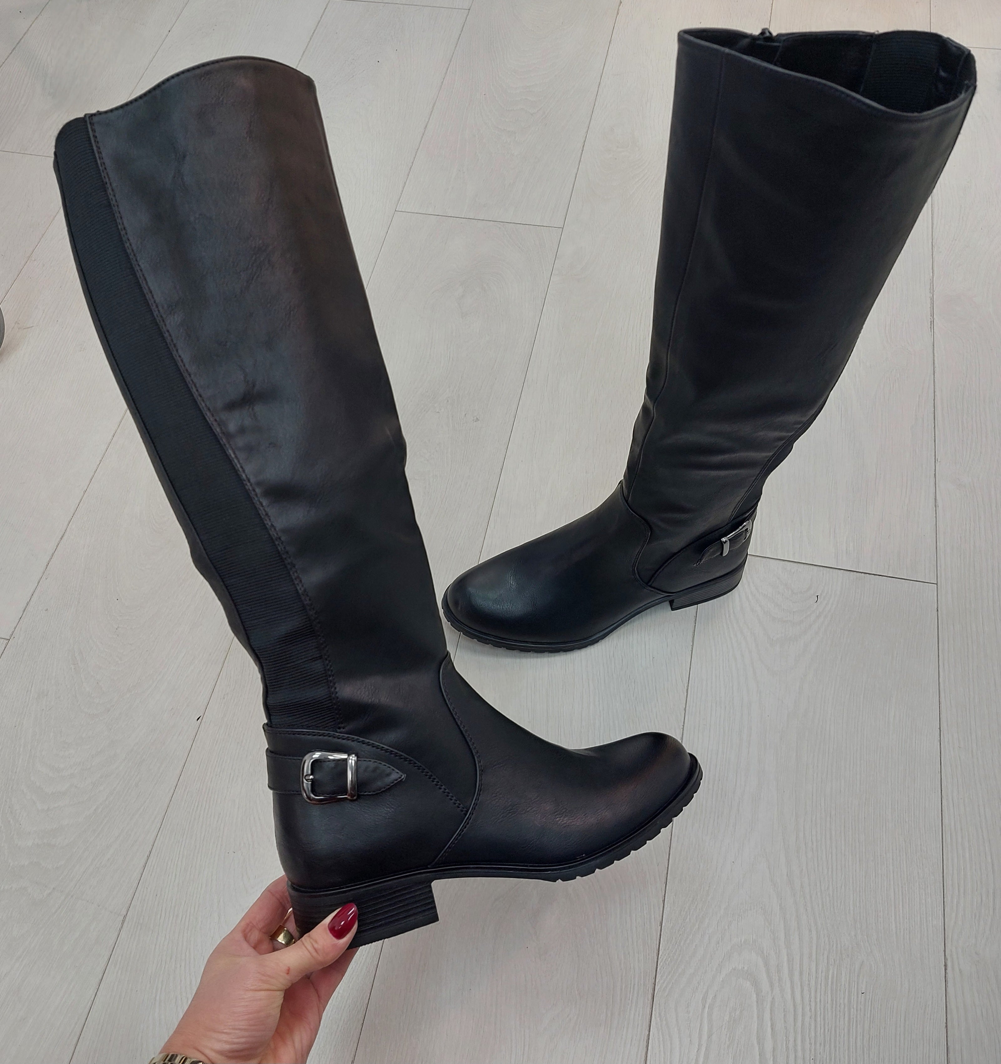 Franko Black Buckle Detail Knee High Boots