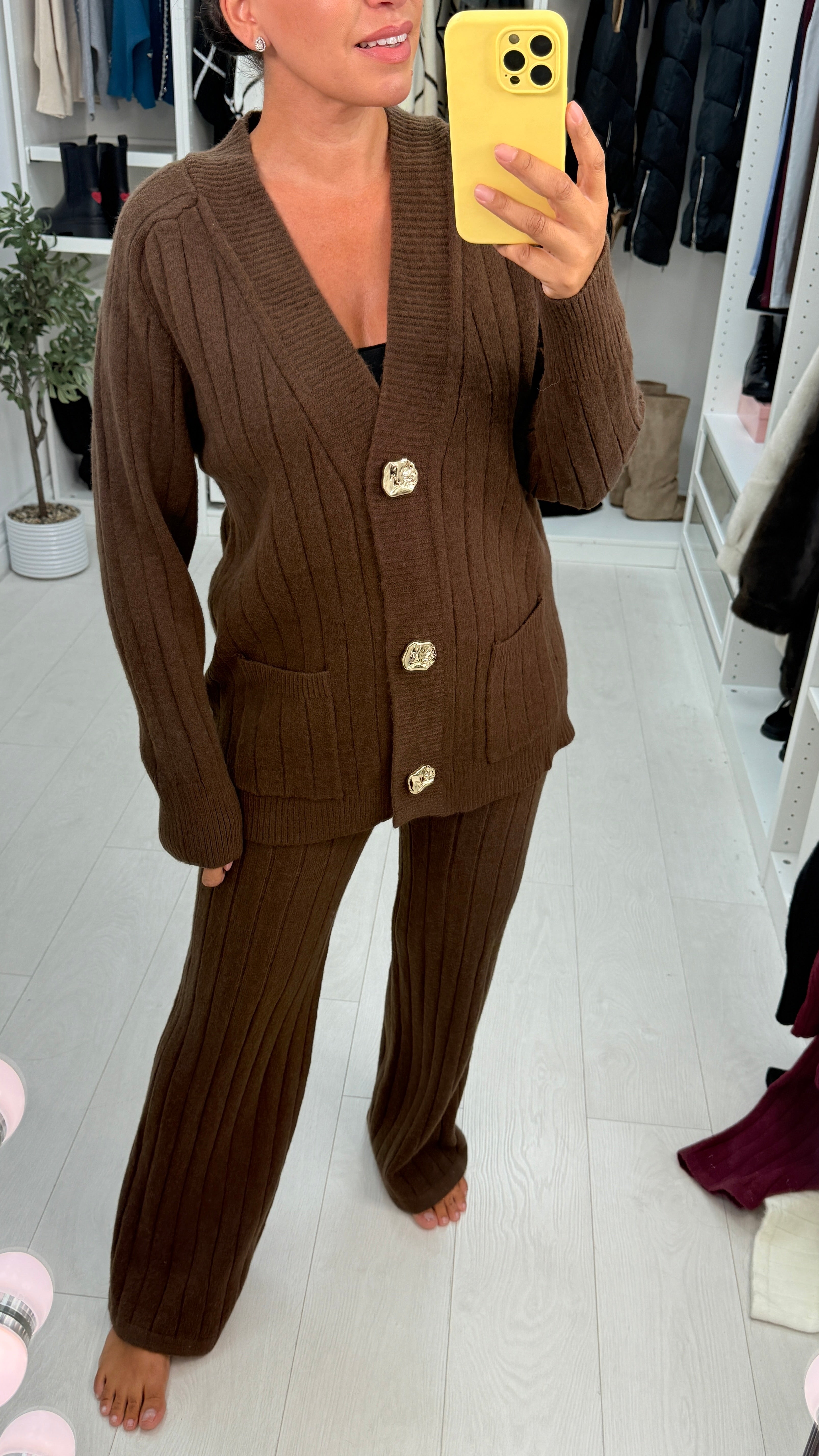 Alabama Plain Ribbed Knit Cardigan Loungewear Set