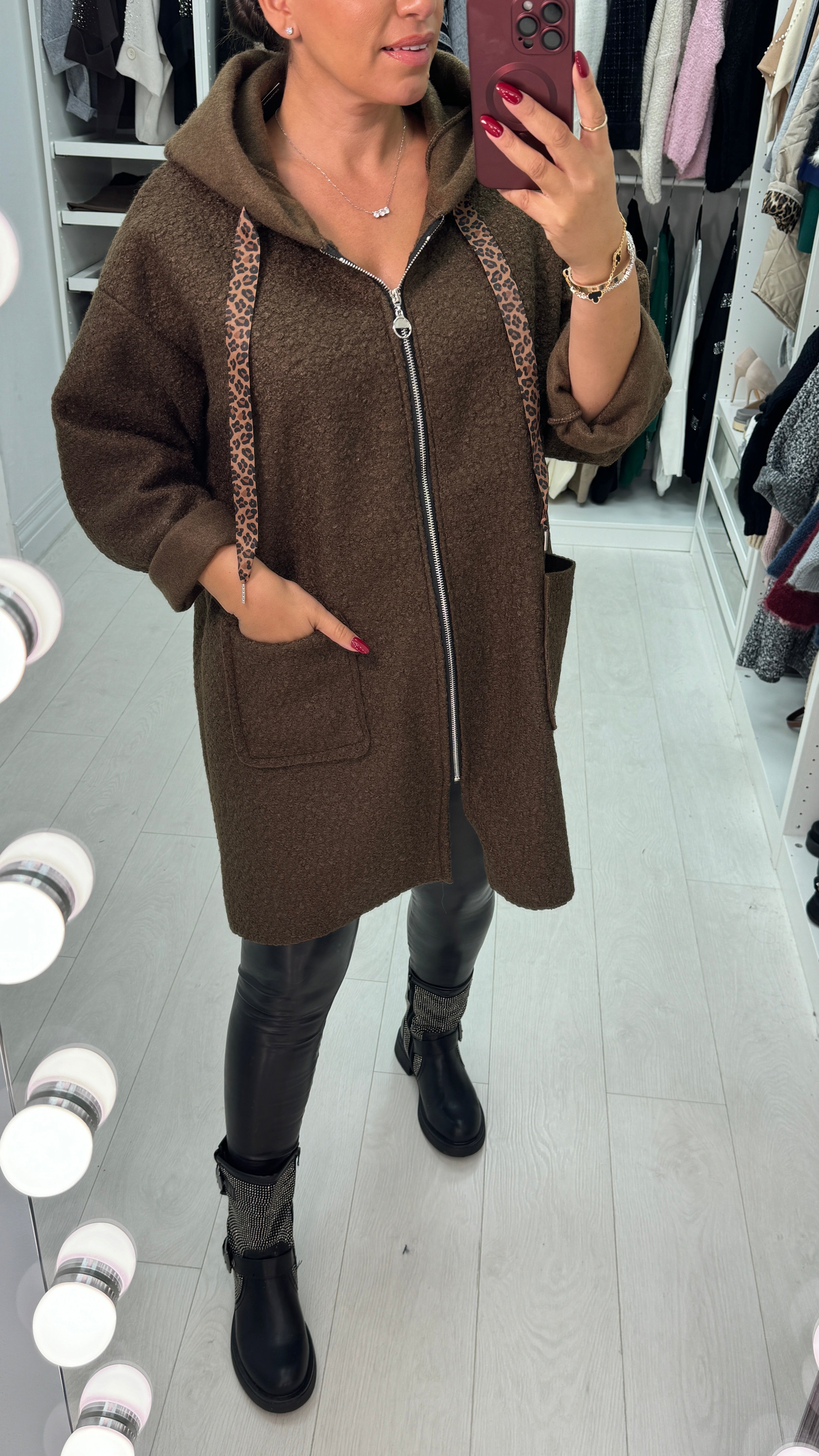 Lindsey Boucle Hooded Leopard Detail Jacket