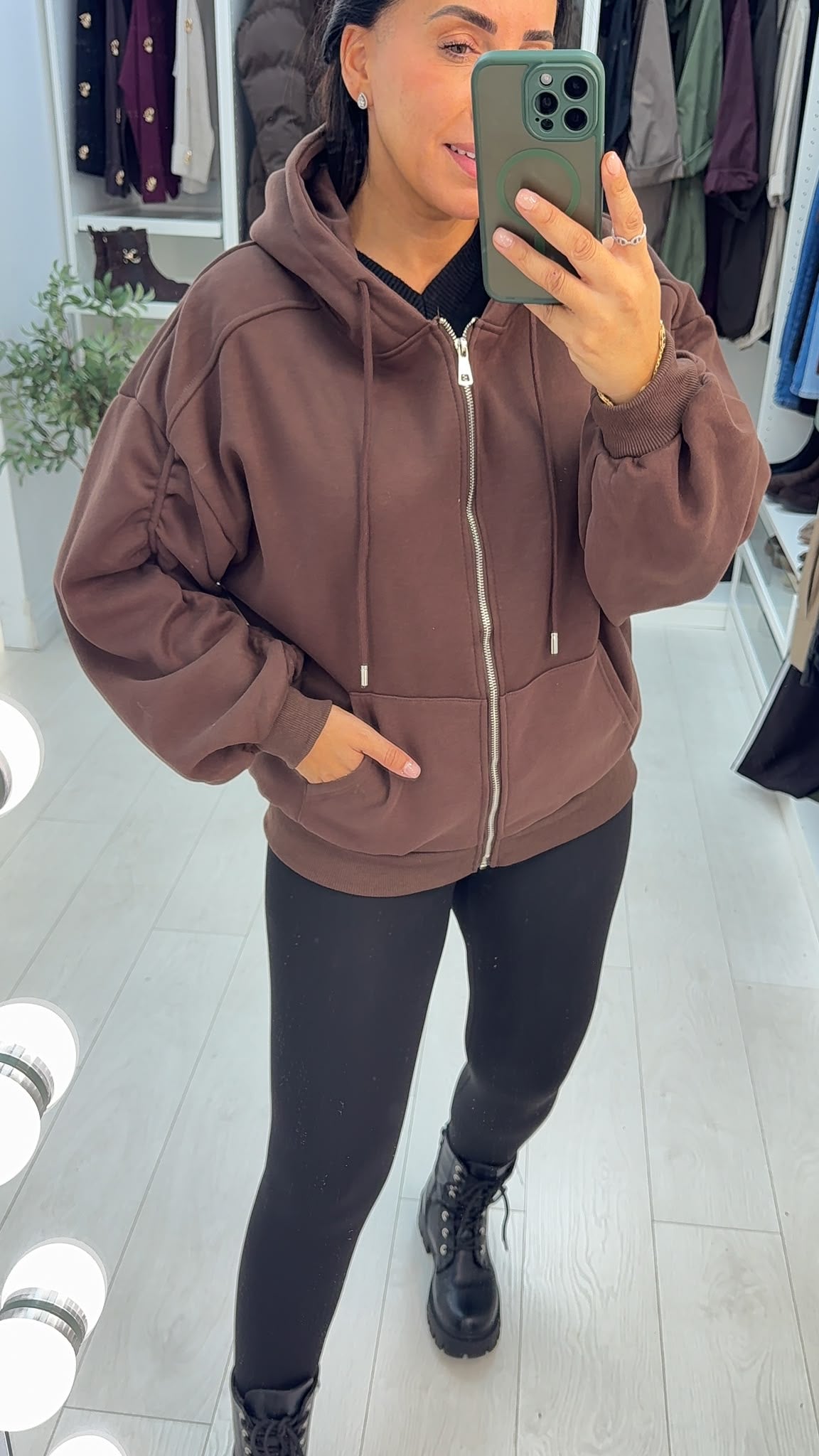 Fiora Plain Runched Sleeve Hoodie