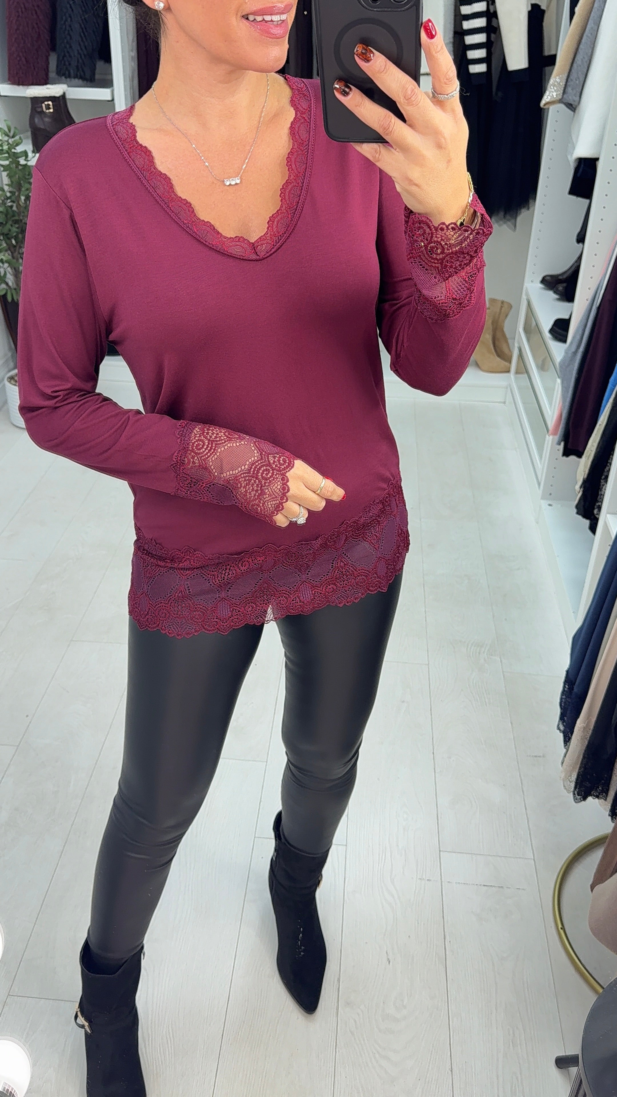 Hadleigh Long Sleeve Lace Trim V Neck Top