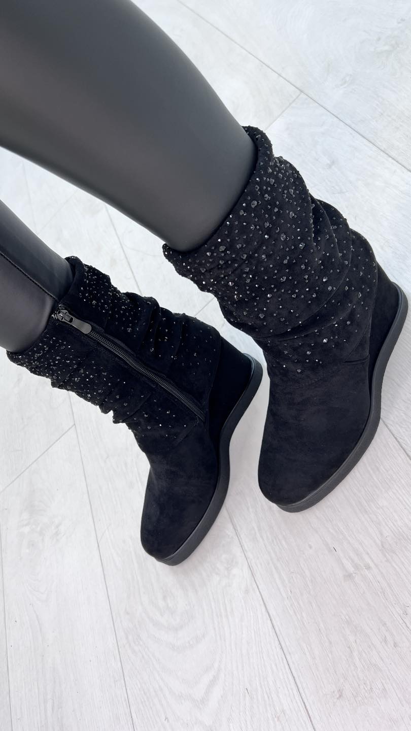 Zorita Scattered Gem Ruched Faux Suede Wedge Boot