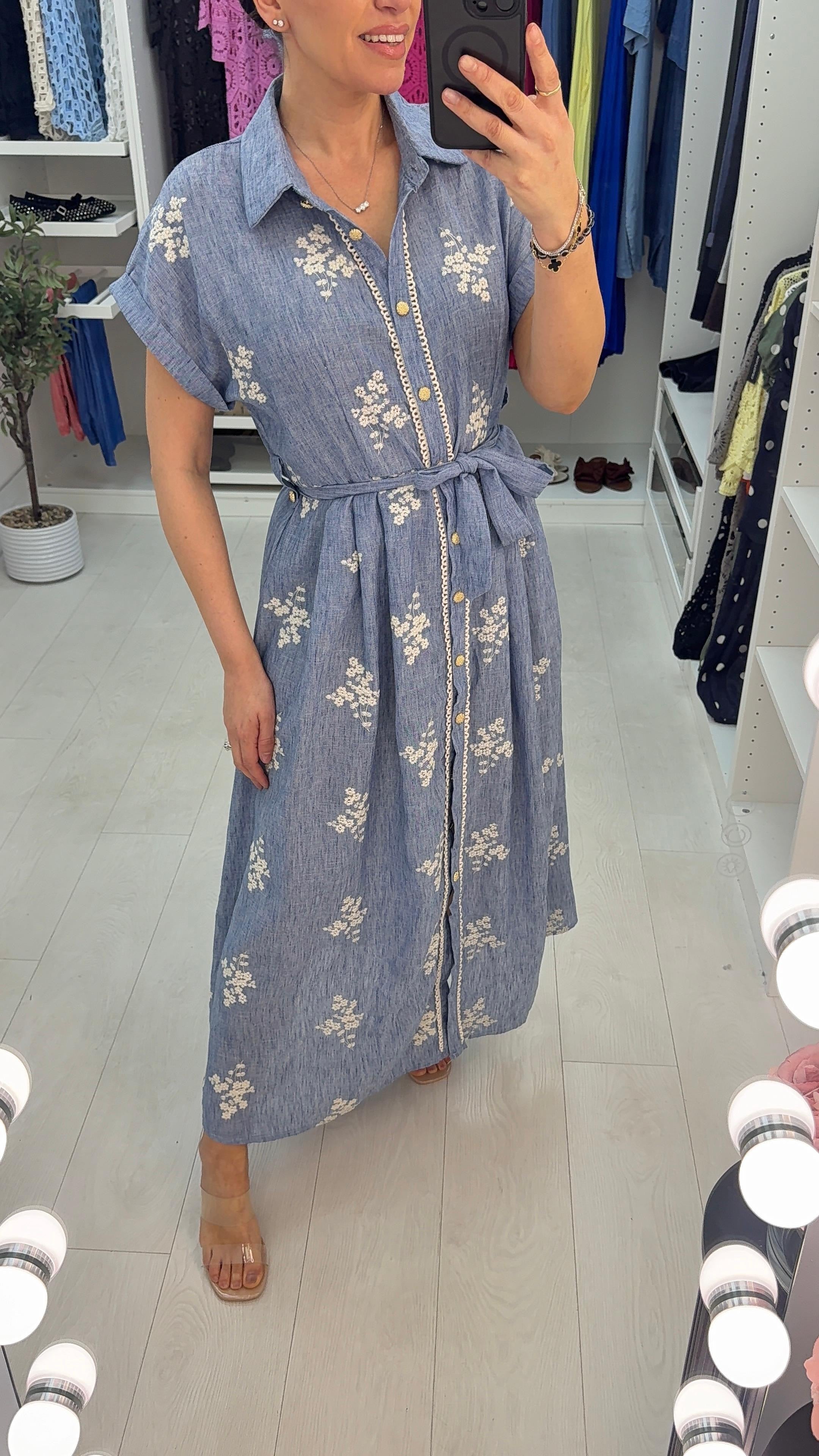 Abbie Floral Embroidered Button Front Shirt Dress