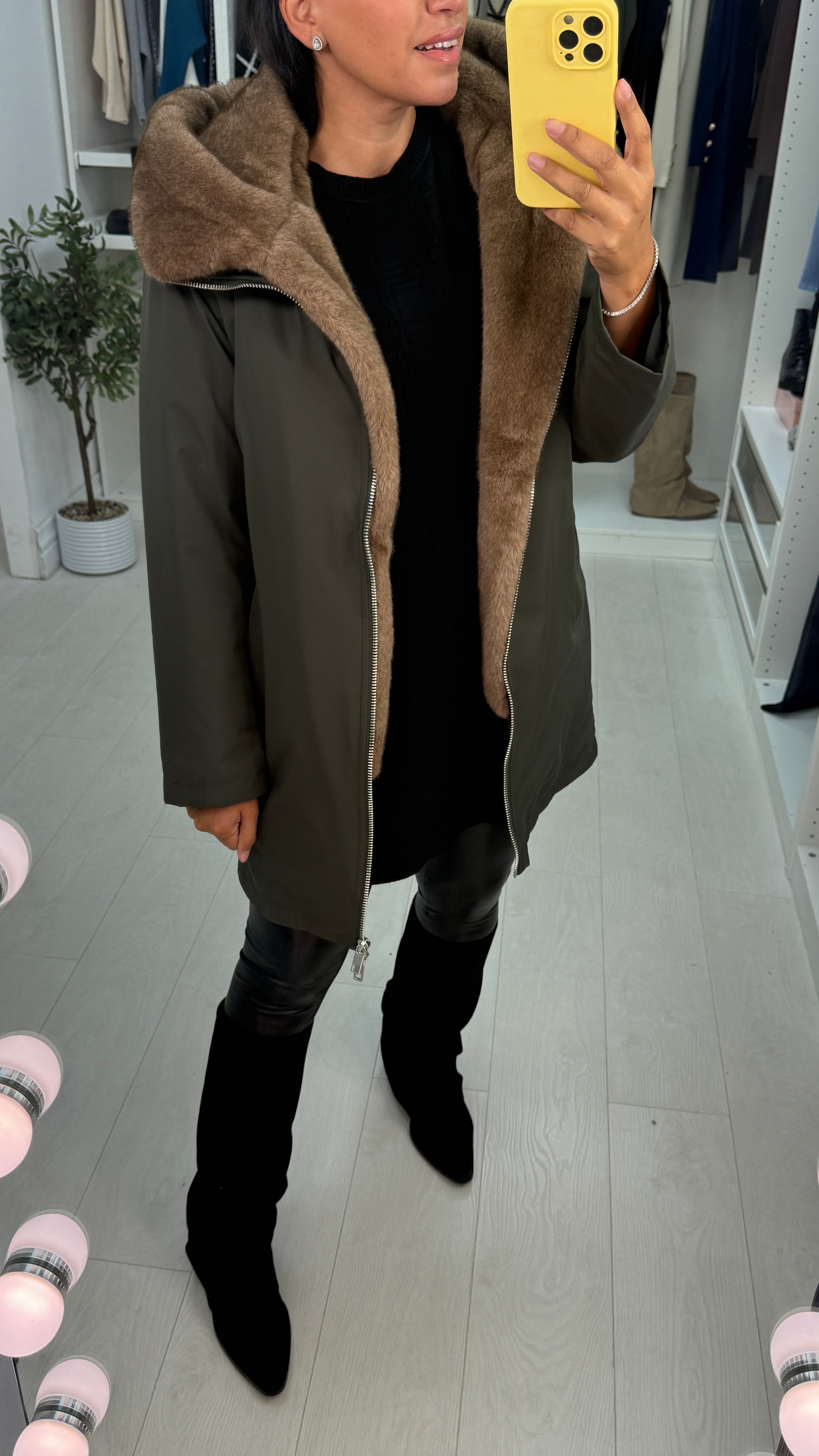 Kassy Plain Faux Fur Hood Parka Coat