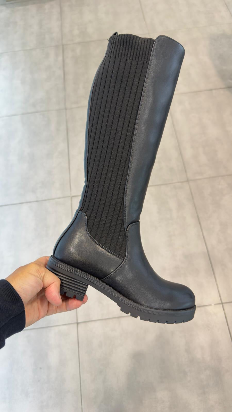 Marcella Black Faux Leather Ribbed Detail Calf Boots