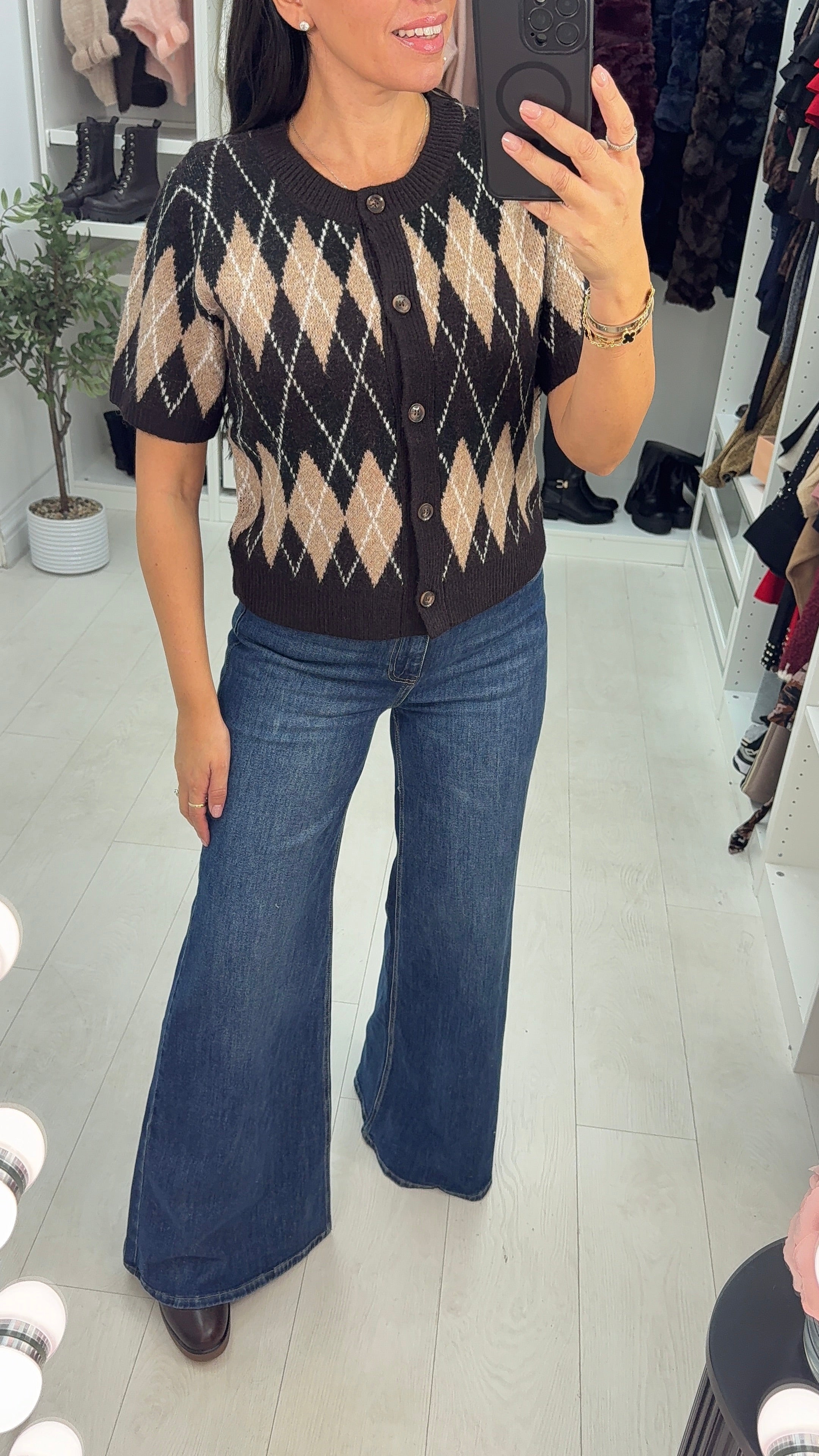 Amery Short Sleeve Argyle Cardigan