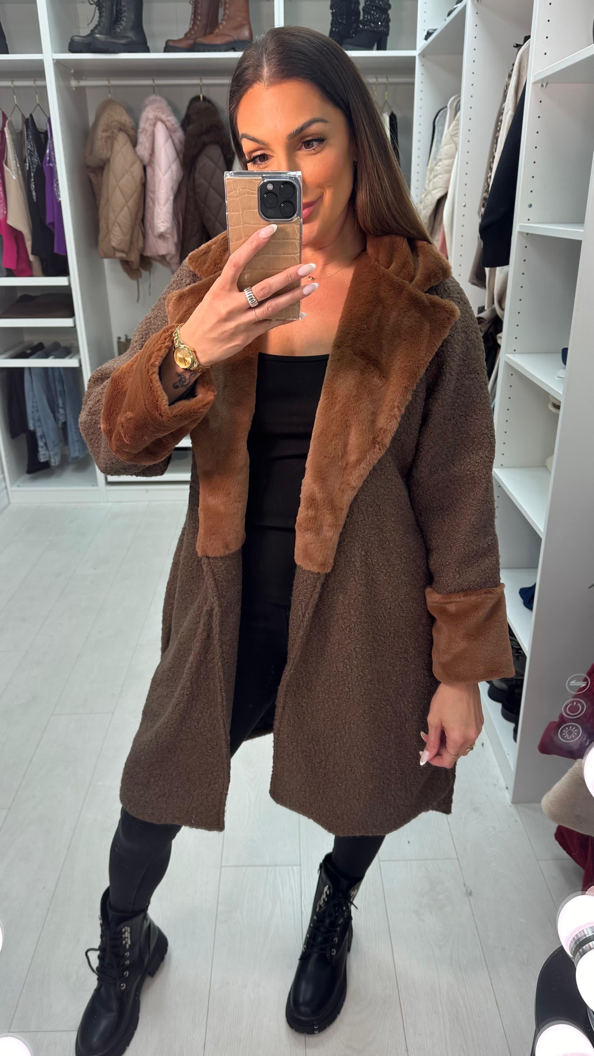 Pamy Boucle Faux Fur Detail Belted Coat