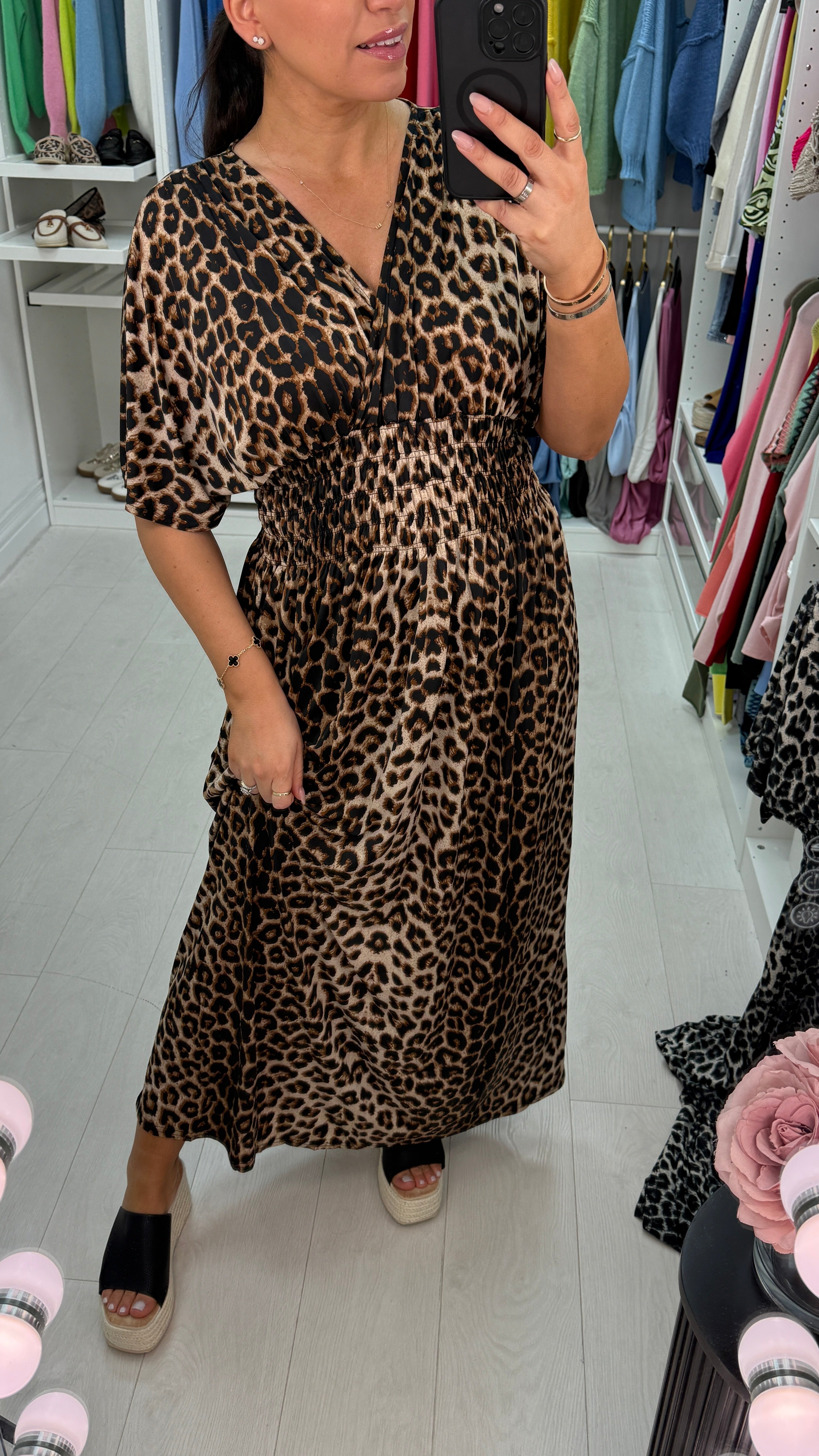 Vickie Leopard Print Shirred Waist Maxi Magic Dress