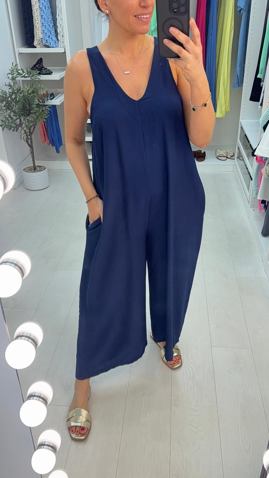 Chantel Plain Crepe Sleeveless Wide Leg Jumpsuit