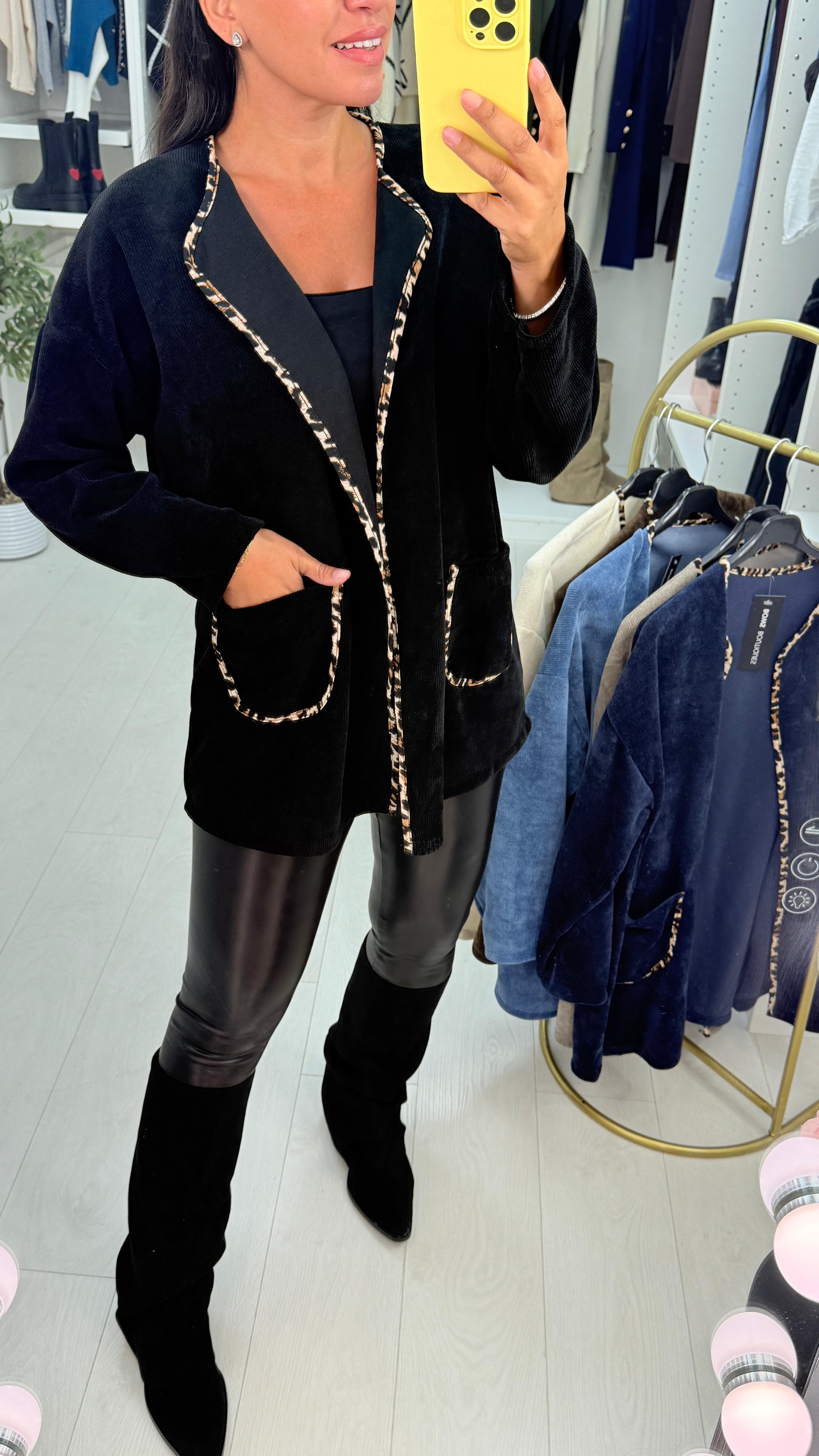 Dani Plain Leopard Print Trim Corduroy Open Front Cardigan