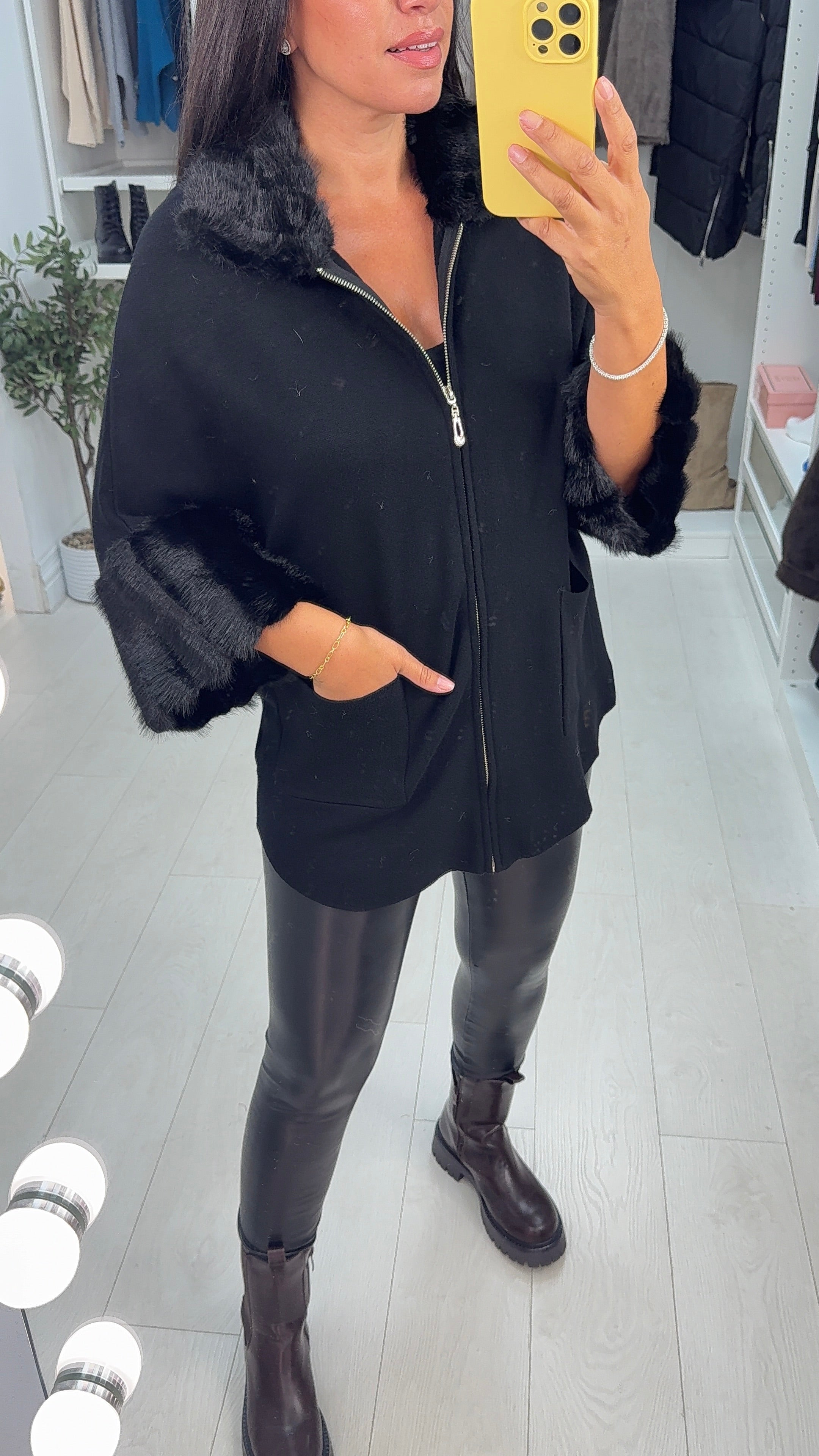 Orlanna Plain Faux Fur Detail Zip Front Cardigan