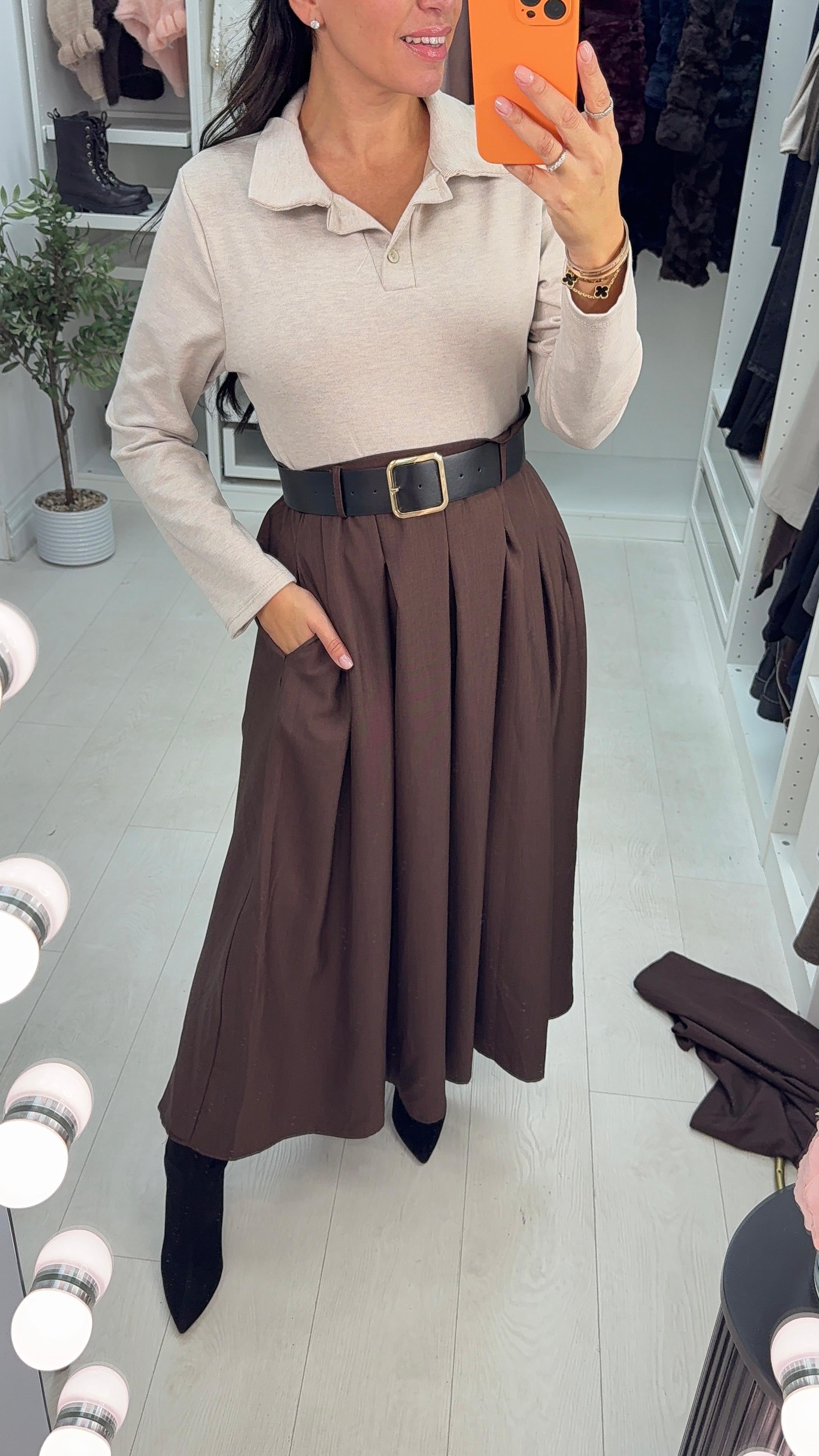 Milly V Neck Belted Chocolate Skirt Dress