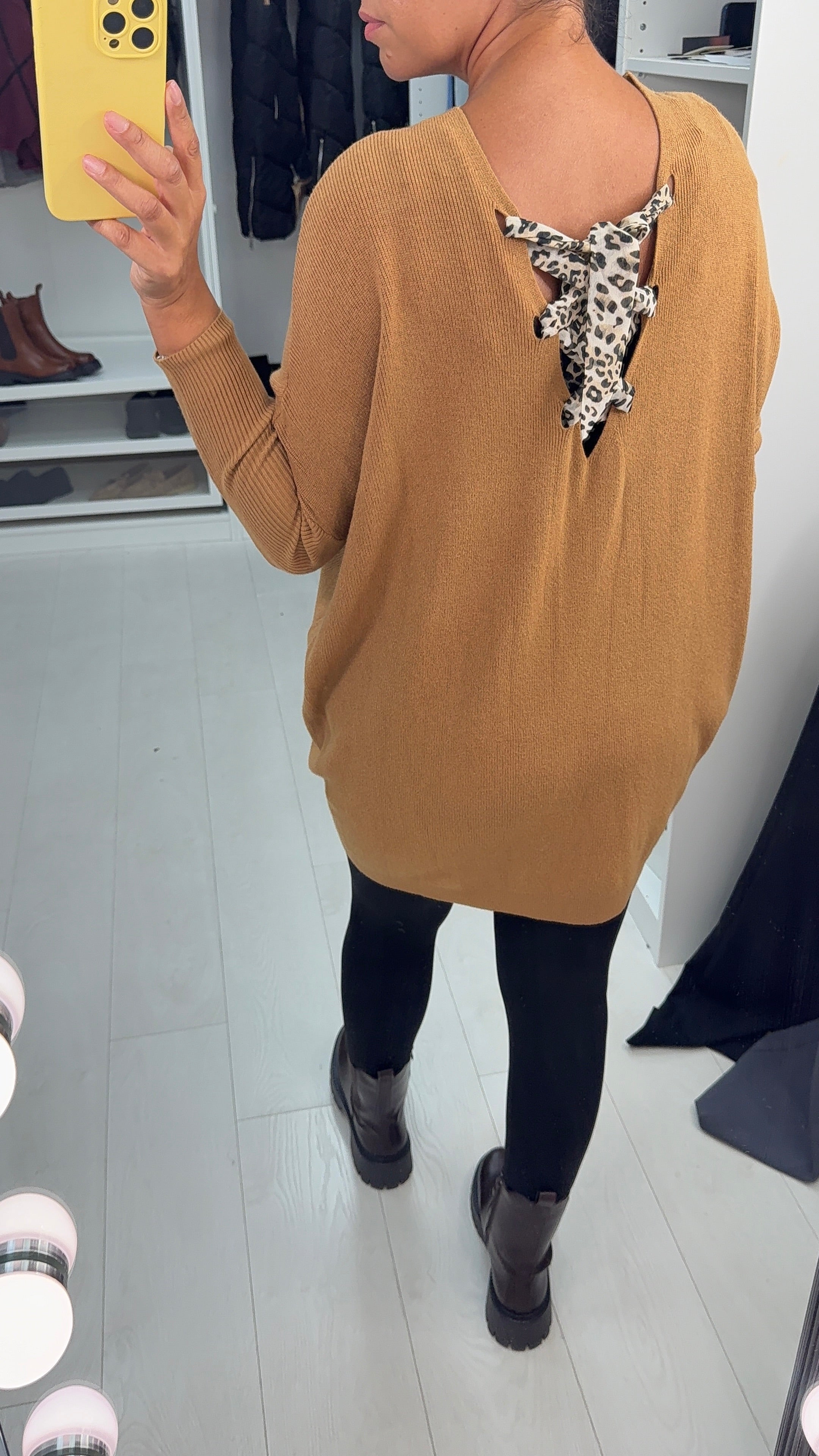 Tuscany Leopard Tie Bow Back Batwing Knitted Jumper