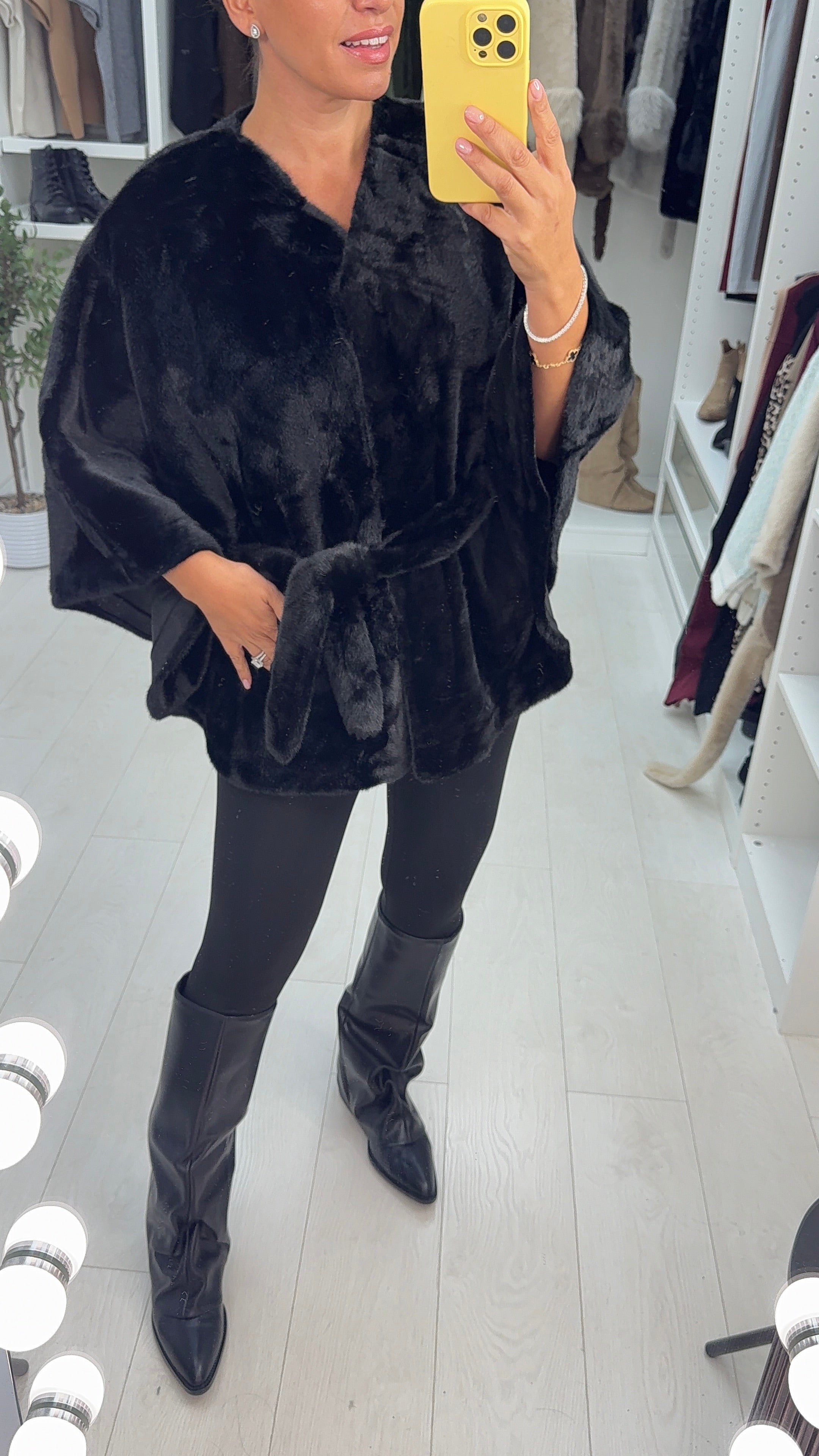 Benicia Faux Fur Belted Poncho Jacket