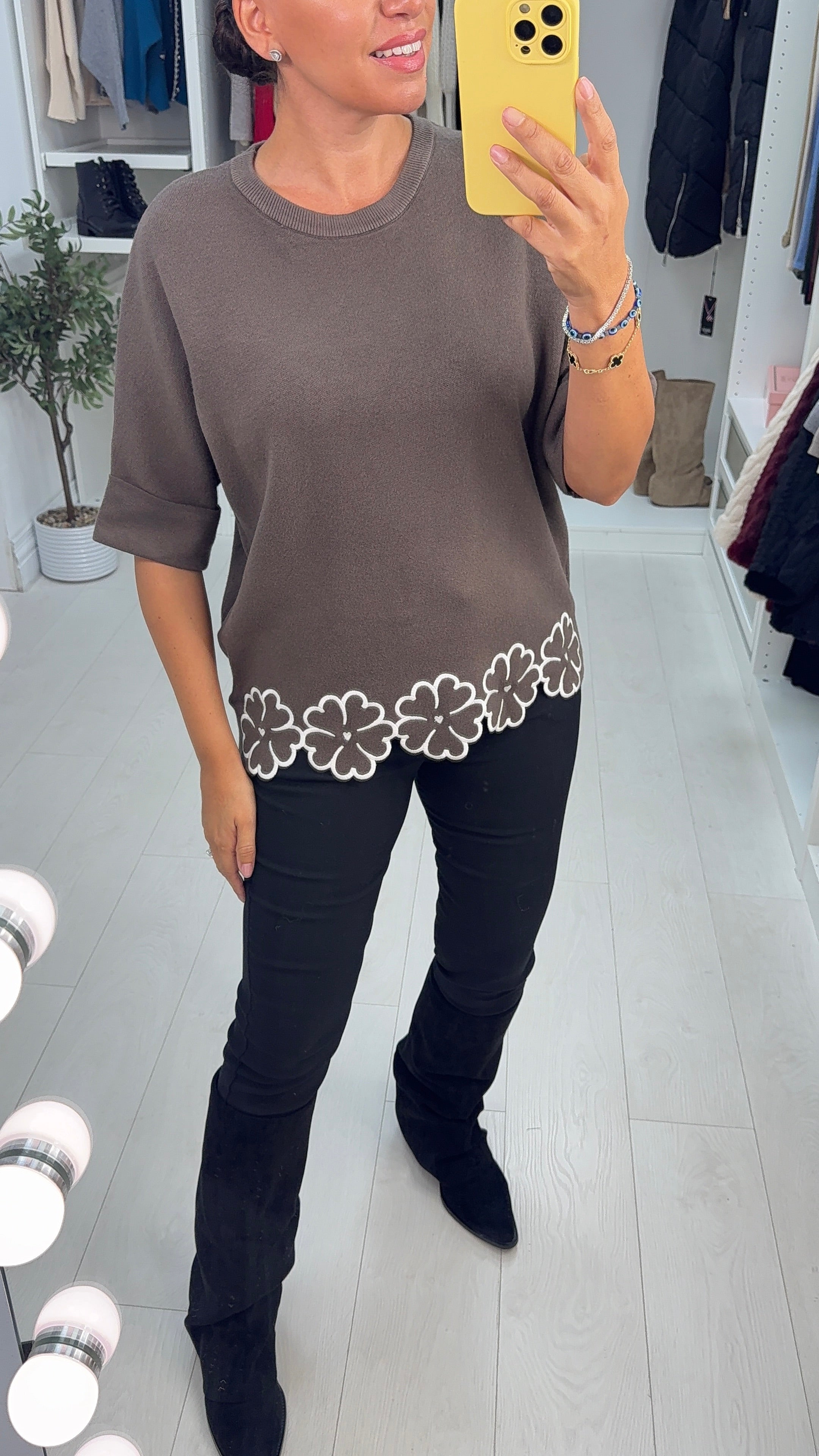 Donatella Plain Floral Trim 3/4 Sleeve Jumper