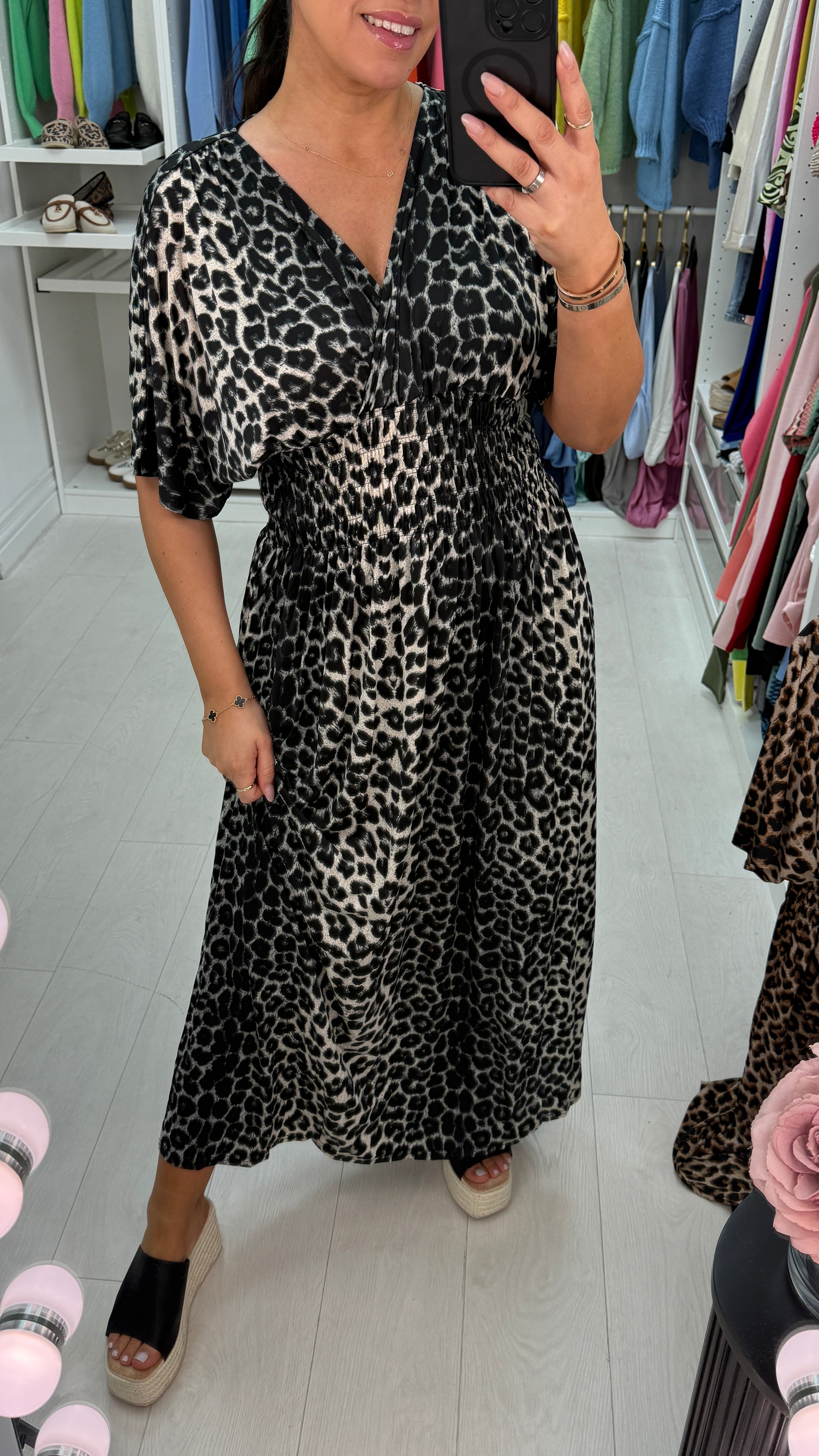 Vickie Leopard Print Shirred Waist Maxi Magic Dress