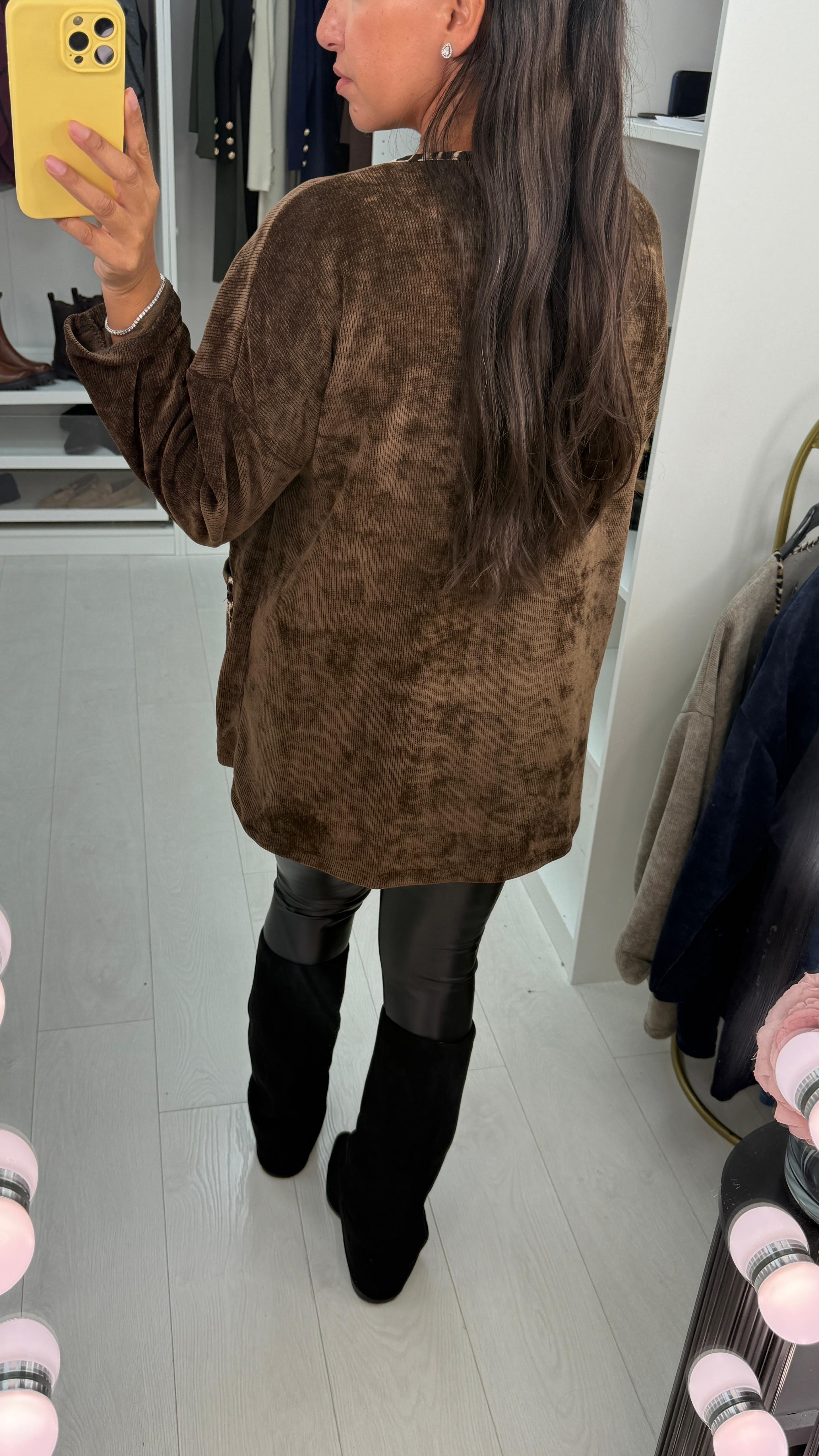 Dani Plain Leopard Print Trim Corduroy Open Front Cardigan