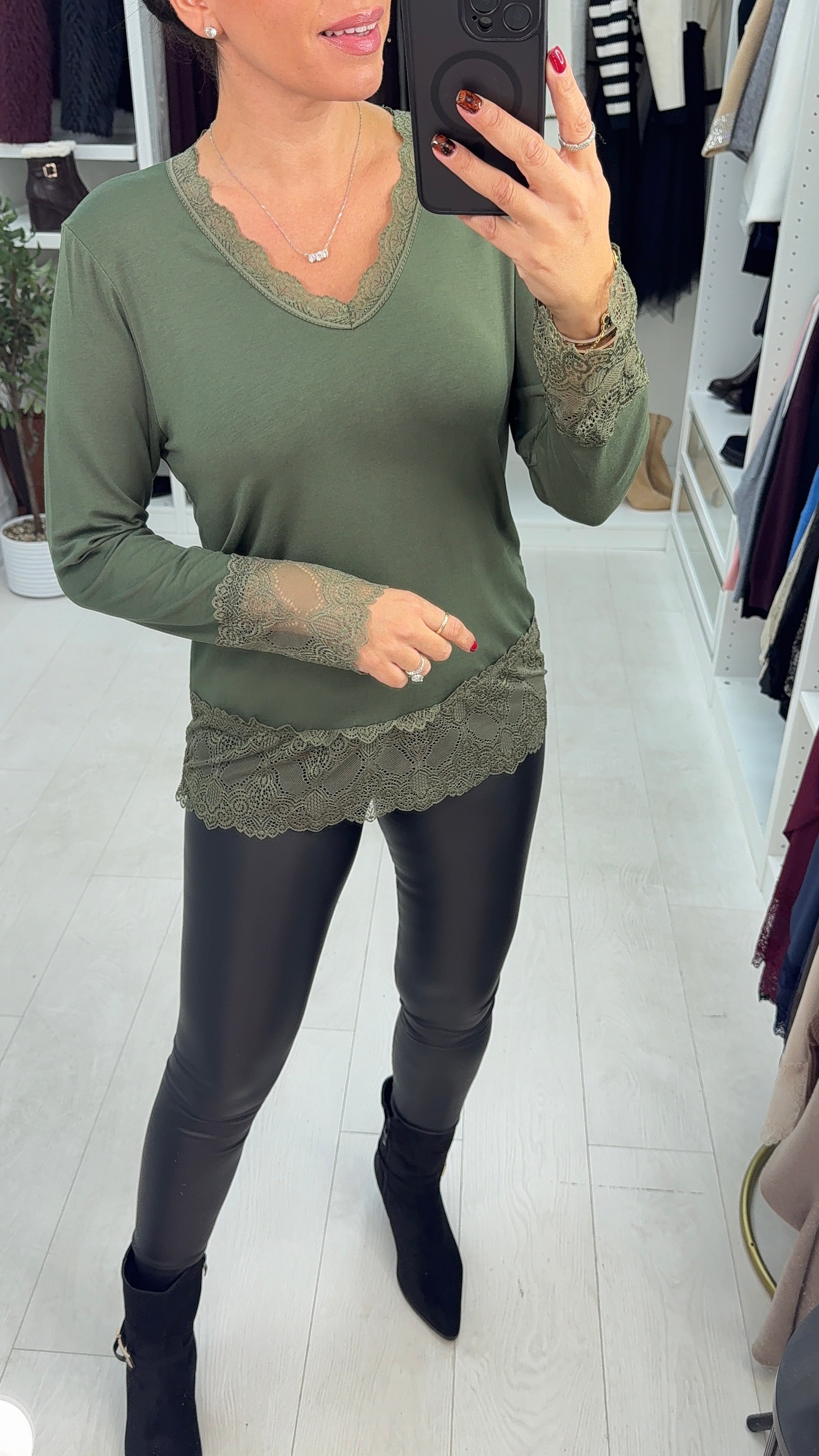 Hadleigh Long Sleeve Lace Trim V Neck Top