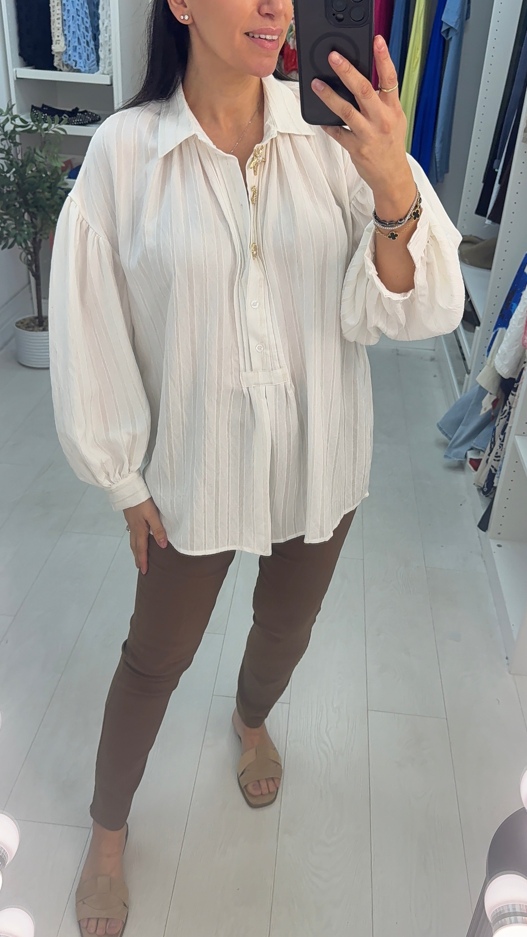 Tulia Plain Embellished Button Detail Ballon Sleeve Loose Fit Blouse