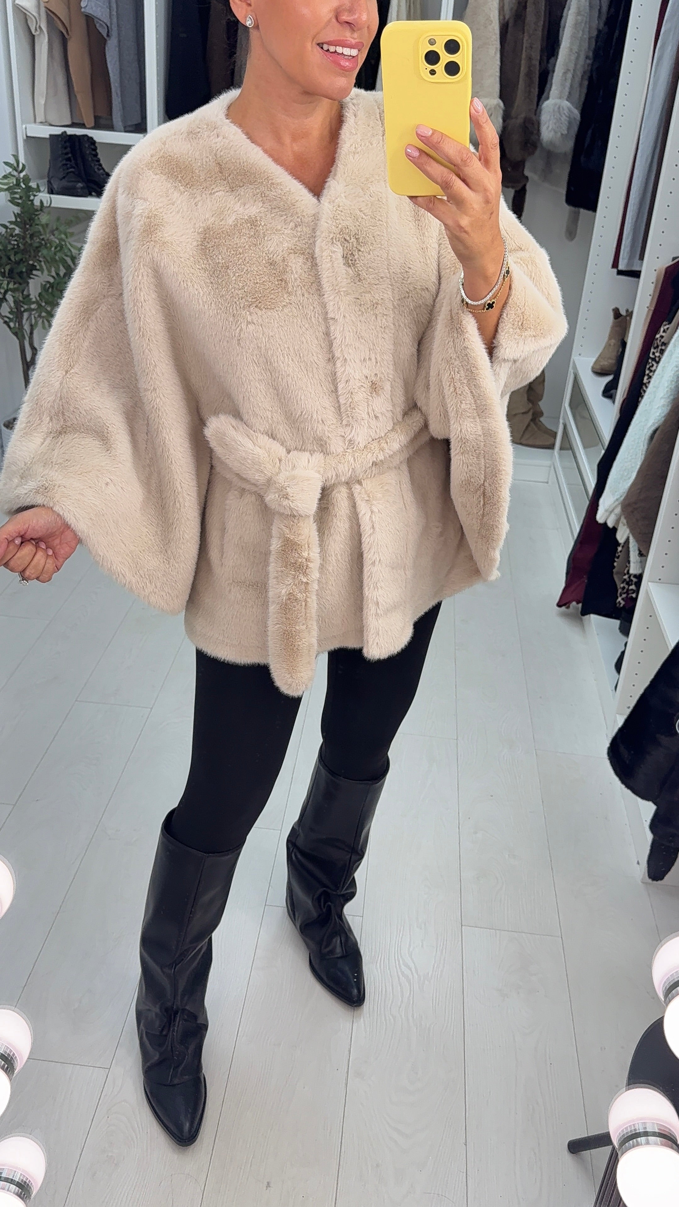 Benicia Faux Fur Belted Poncho Jacket