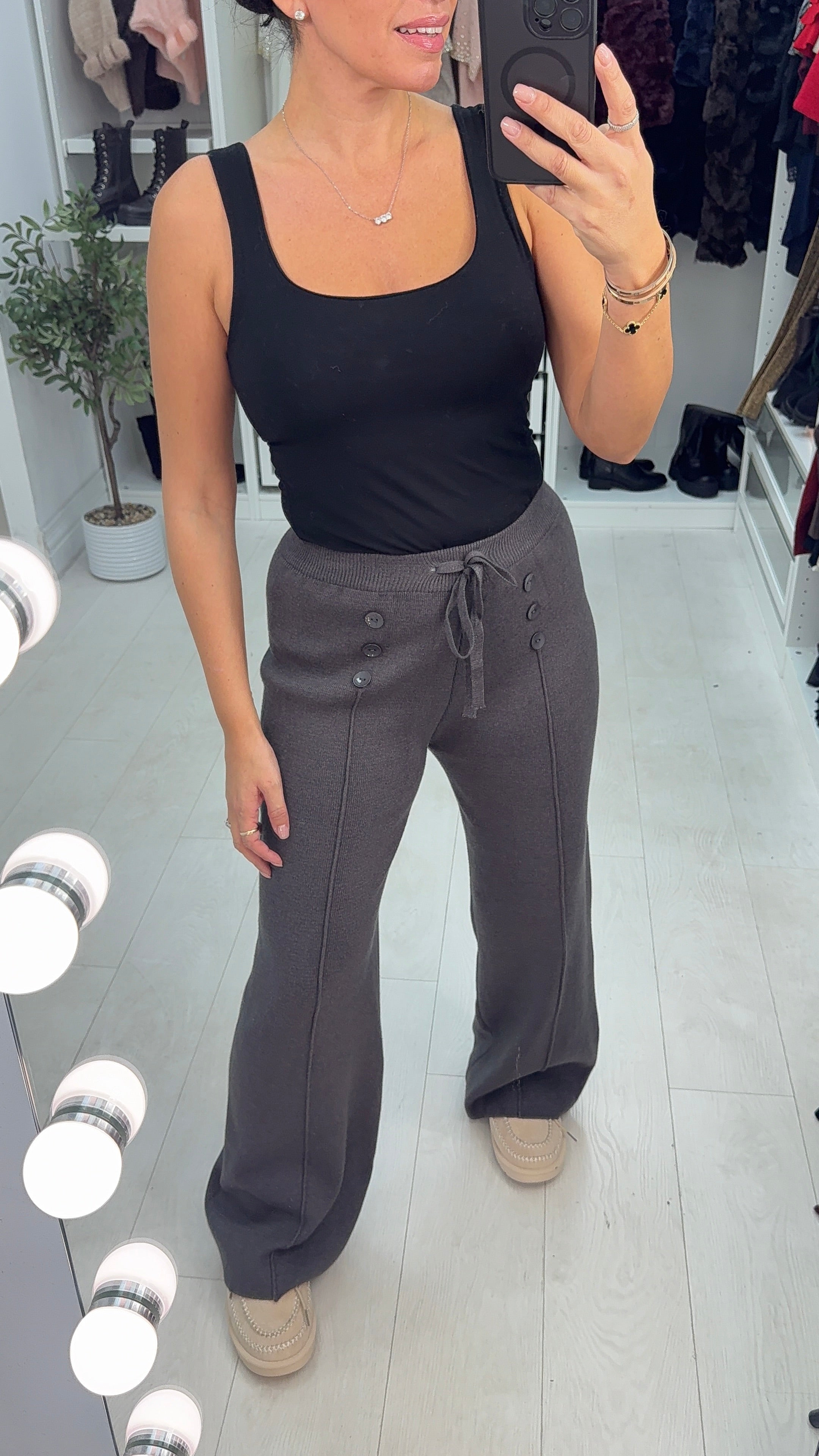 Vivy Plain Button Detail Knitted Straight Leg Trousers