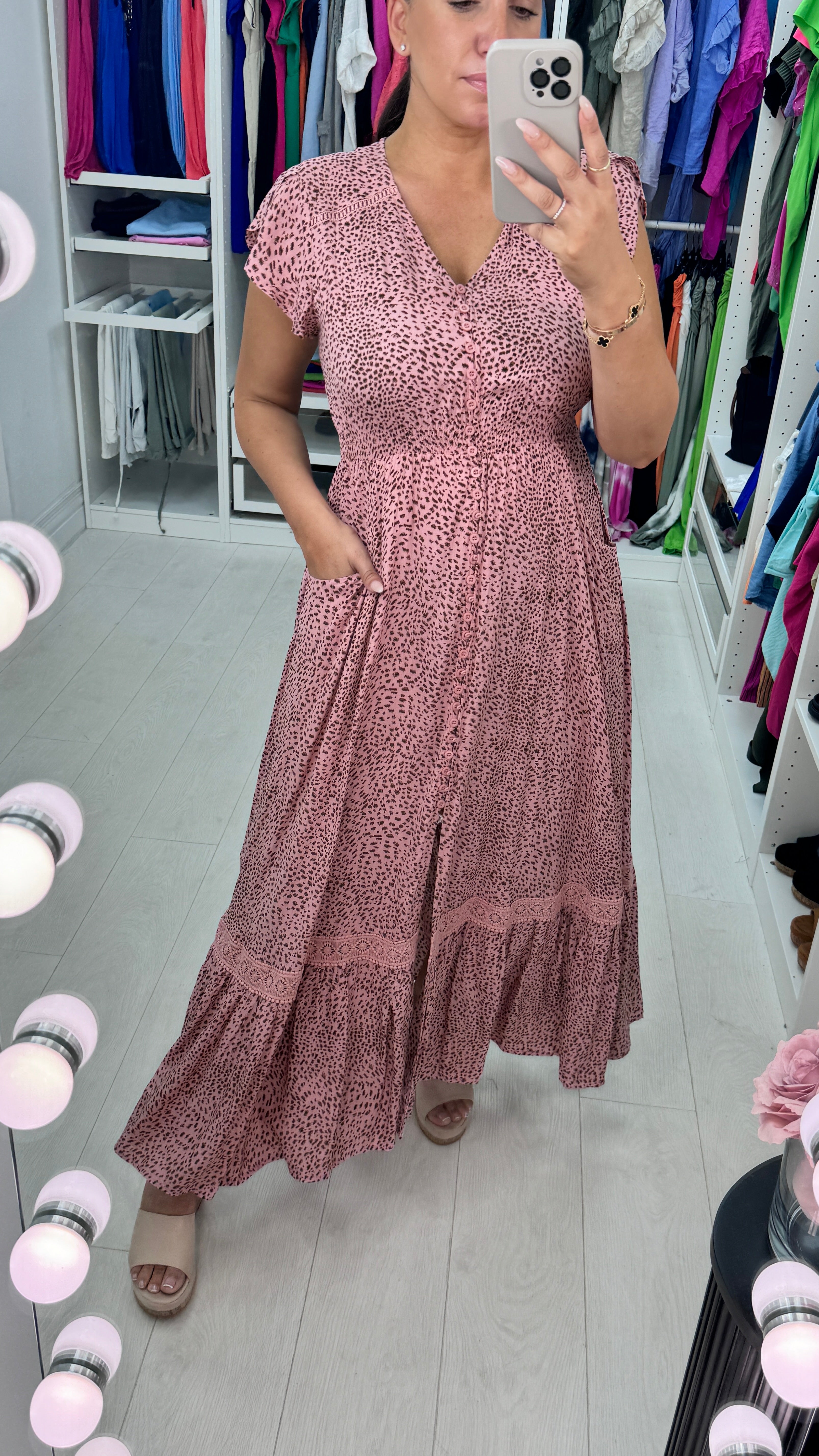 Zaria Rose Pink Cheetah Crochet Detailed Maxi Dress