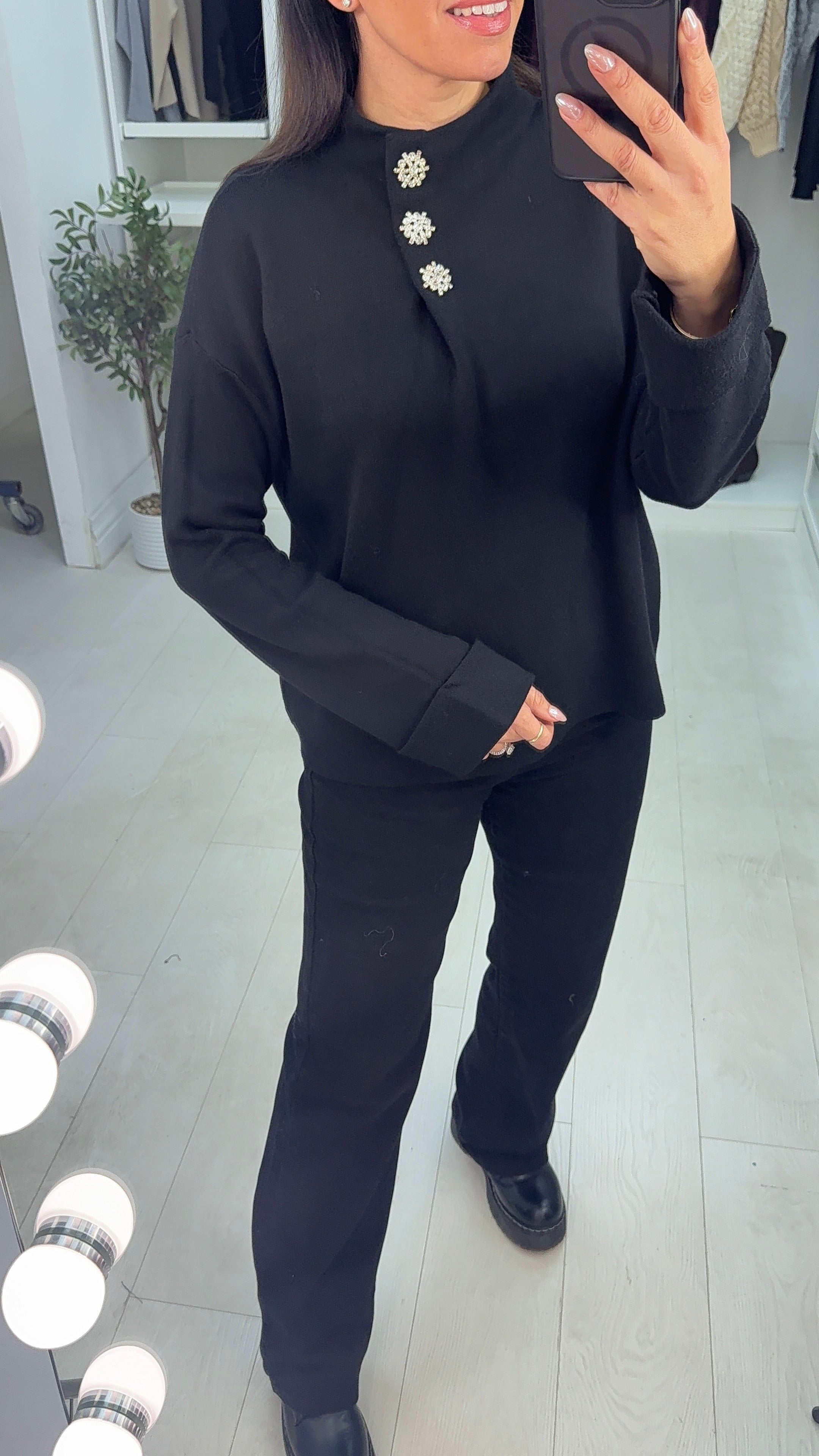 Candie Plain Embellished Button High Neck Jumper