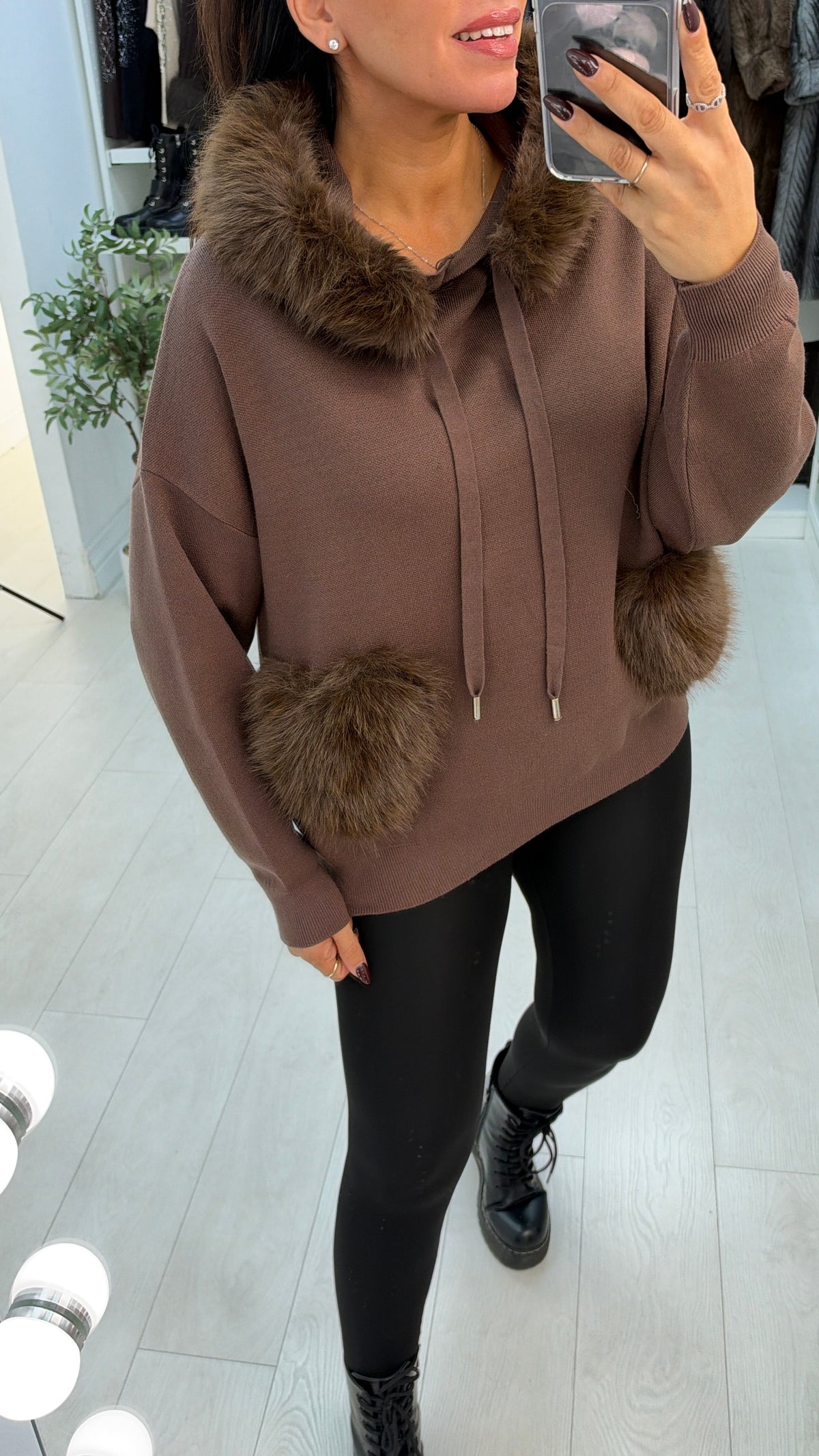 Belina Plain Faux Fur Detailed Pocket Front Hoodie