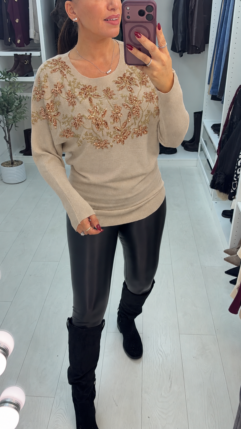 Fabel Floral Embellished Loose Fit Ribbed Jumper