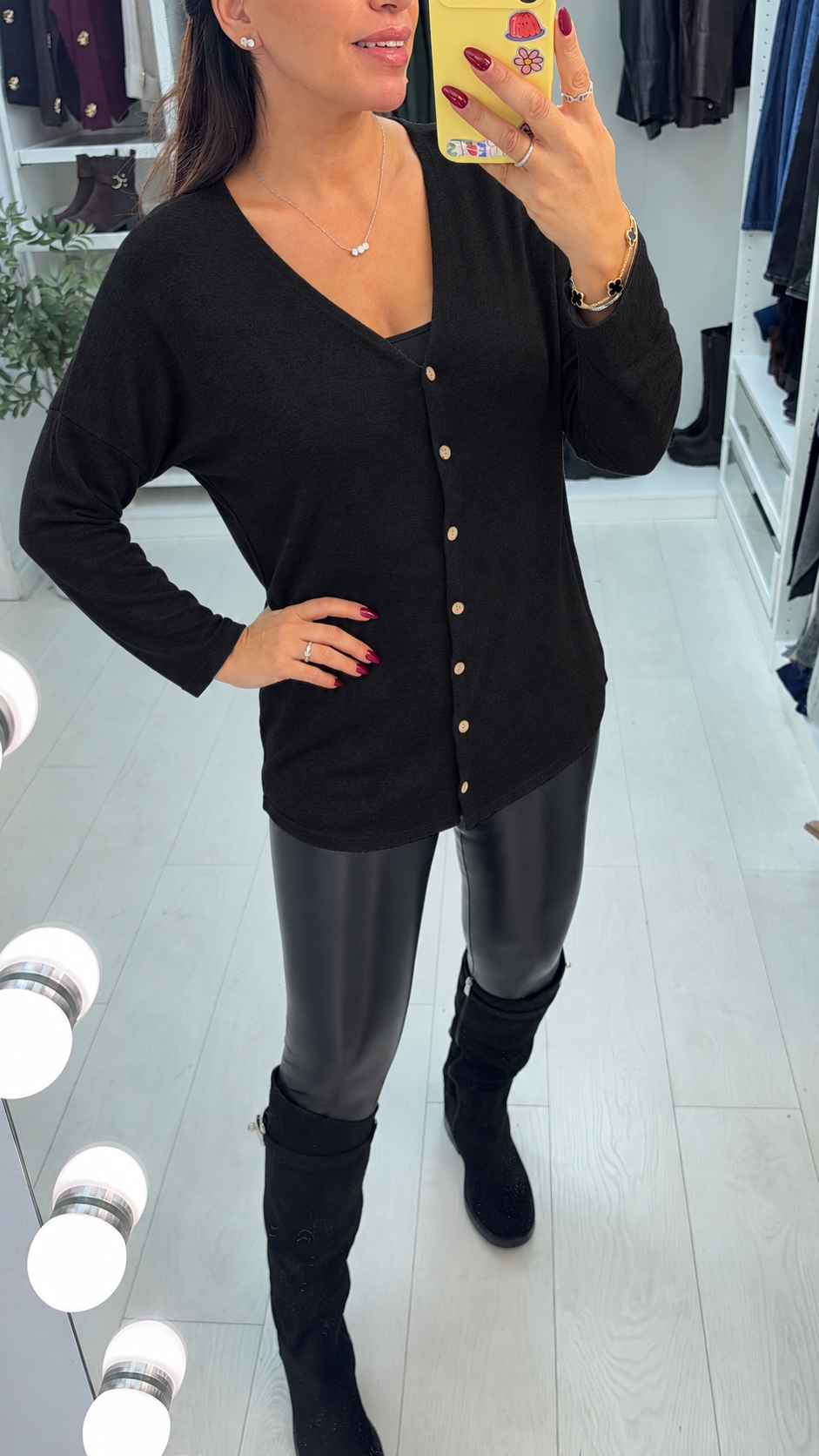 Candise Plain Button Front V Neck Thin Knit Jumper