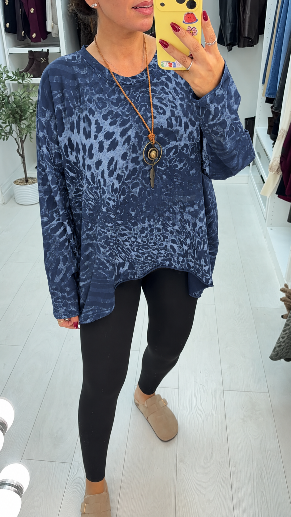 Everlie Animal Print Dipped Hem Necklace Top
