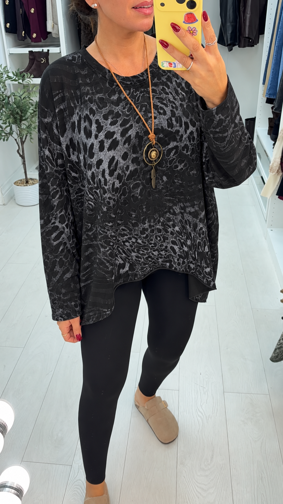 Everlie Animal Print Dipped Hem Necklace Top