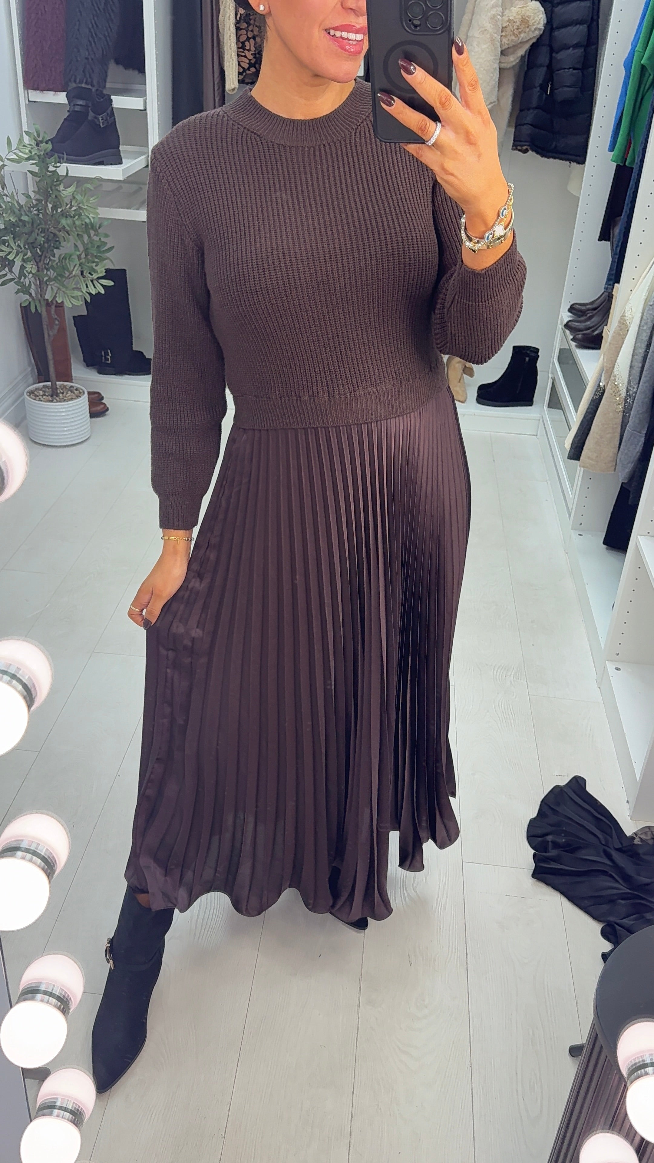 Elise Plain 2-In-1 Knitted Top Silk Pleated Dress