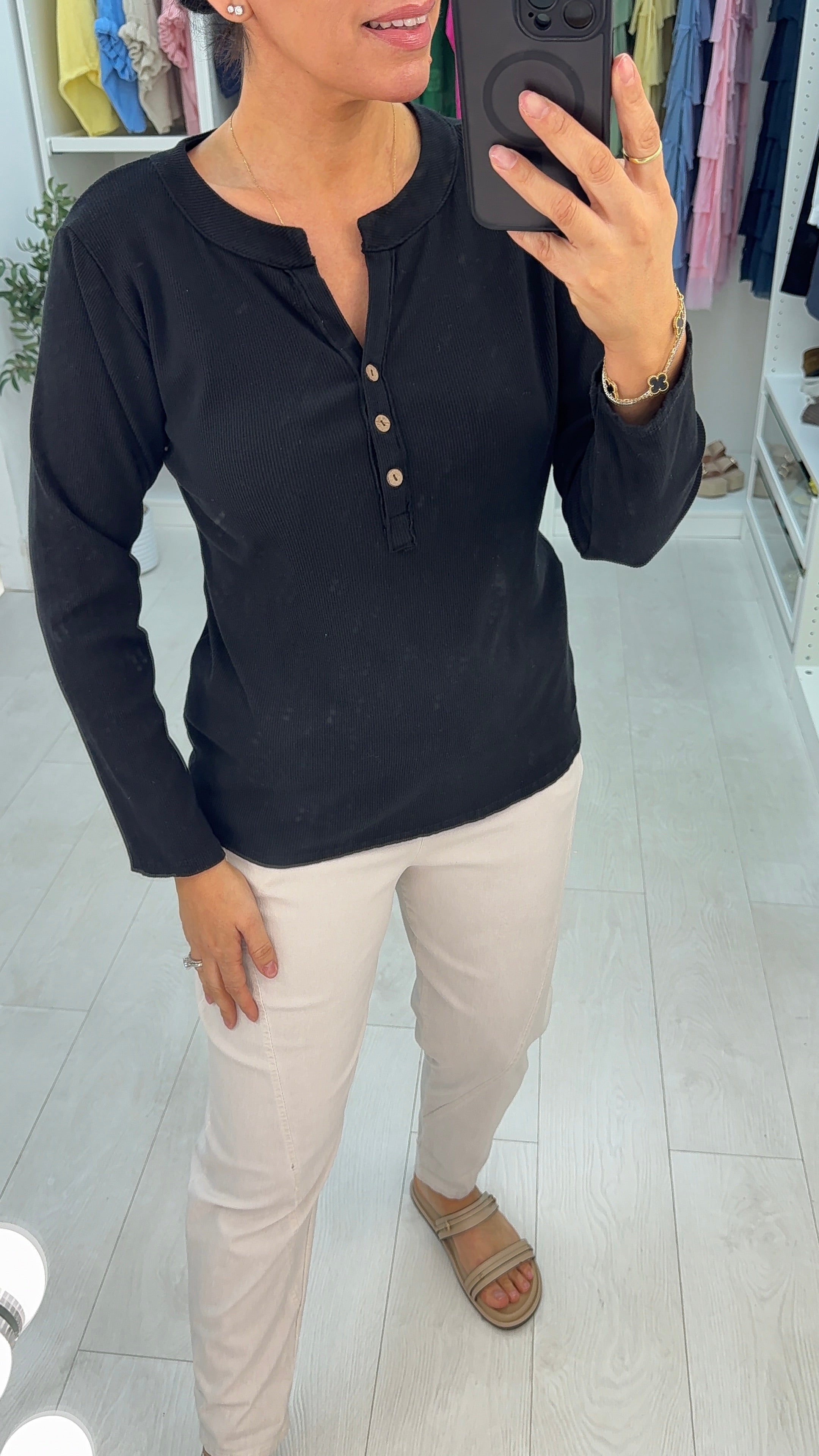 Lily Plain Ribbed V Neck Long Sleeve Top