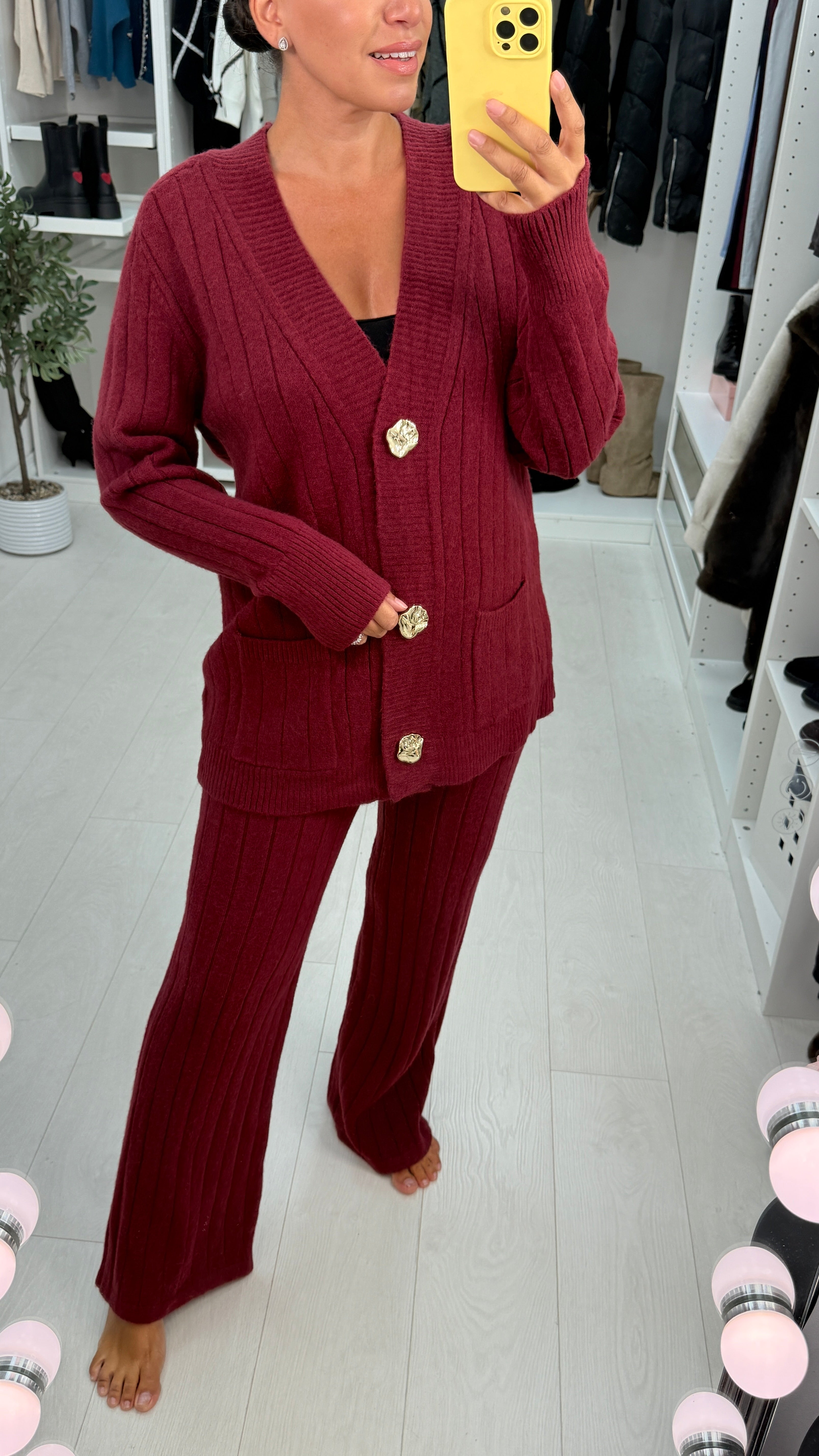 Alabama Plain Ribbed Knit Cardigan Loungewear Set