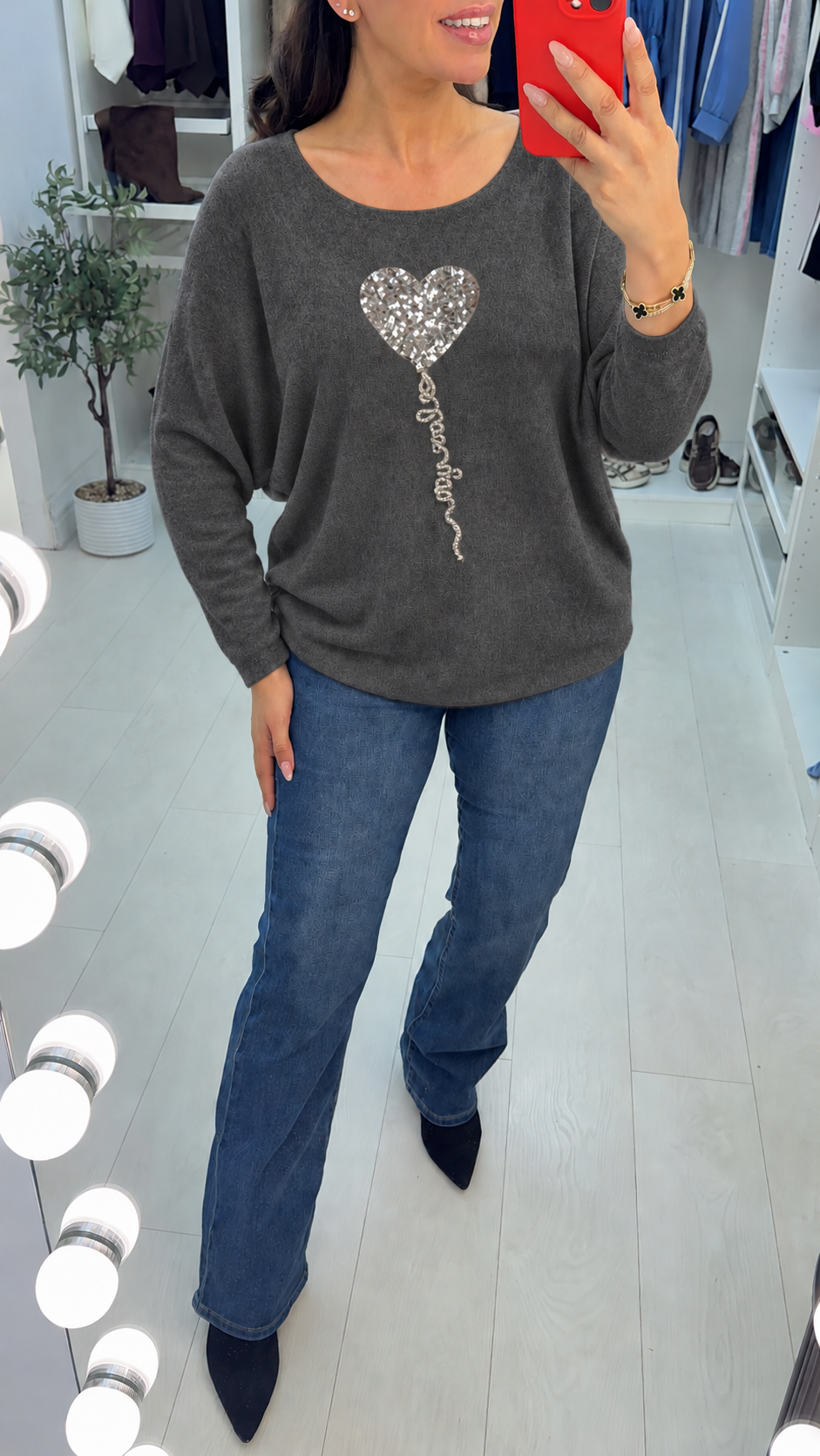 Betsy Sequin Heart Detail Loose Fit Thin Knit Jumper