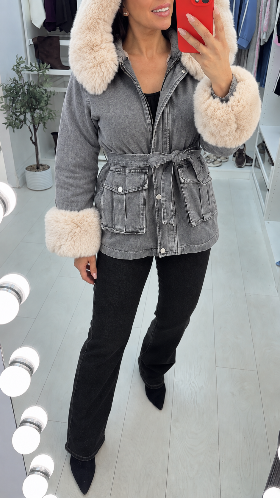 Bronson Dark Grey Denim Faux Fur Hooded Jacket