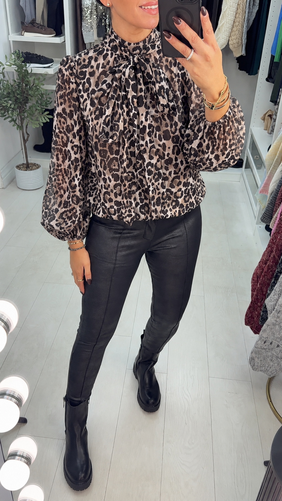Iselda Embellished Leopard Print High Neck Blouse