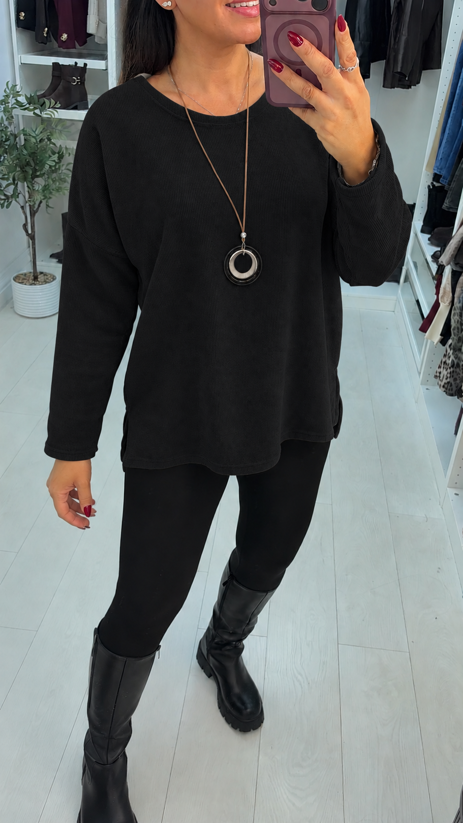 Julietta Plain Corduroy Loose Fit Necklace Top