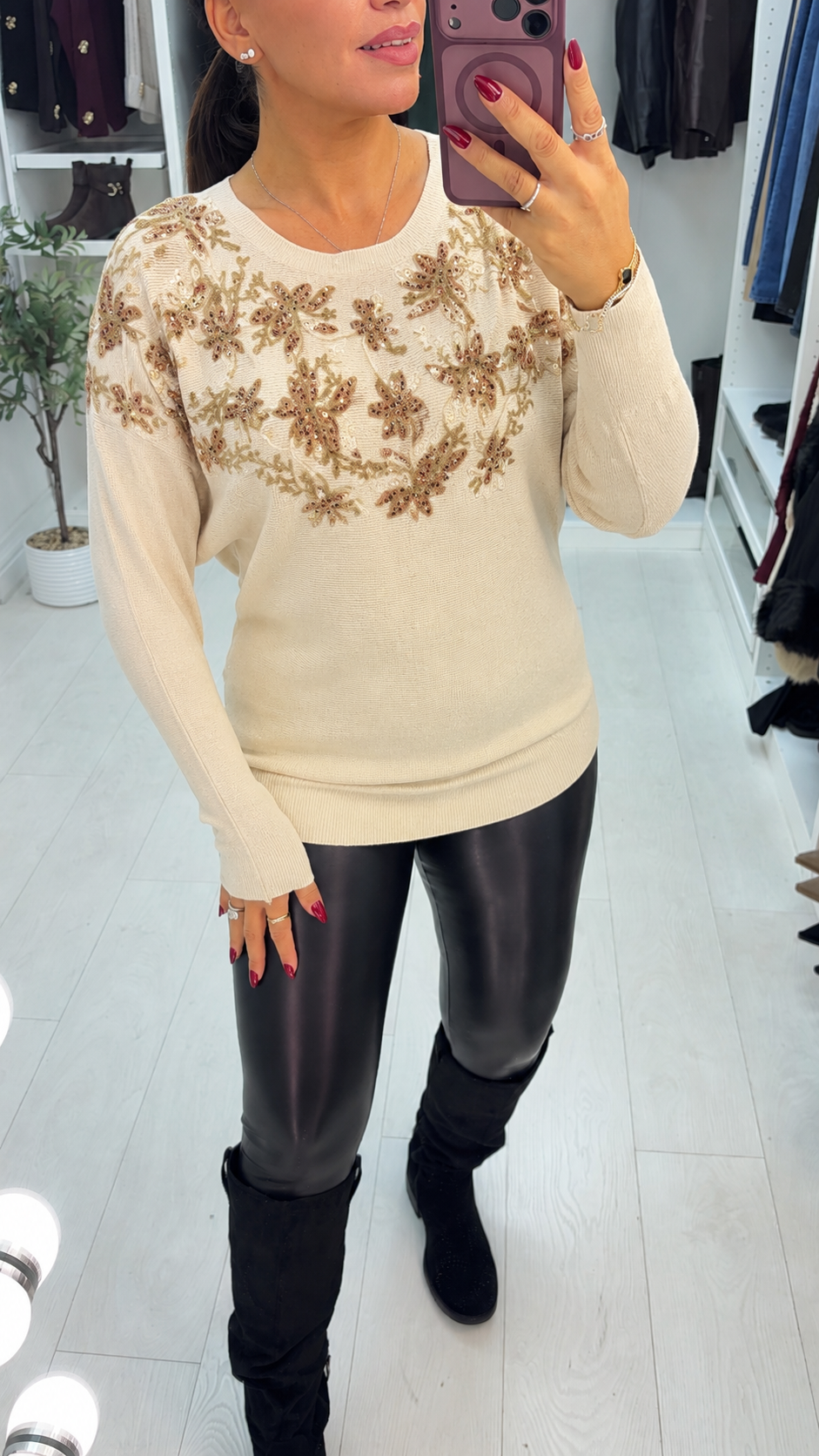 Fabel Floral Embellished Loose Fit Ribbed Jumper