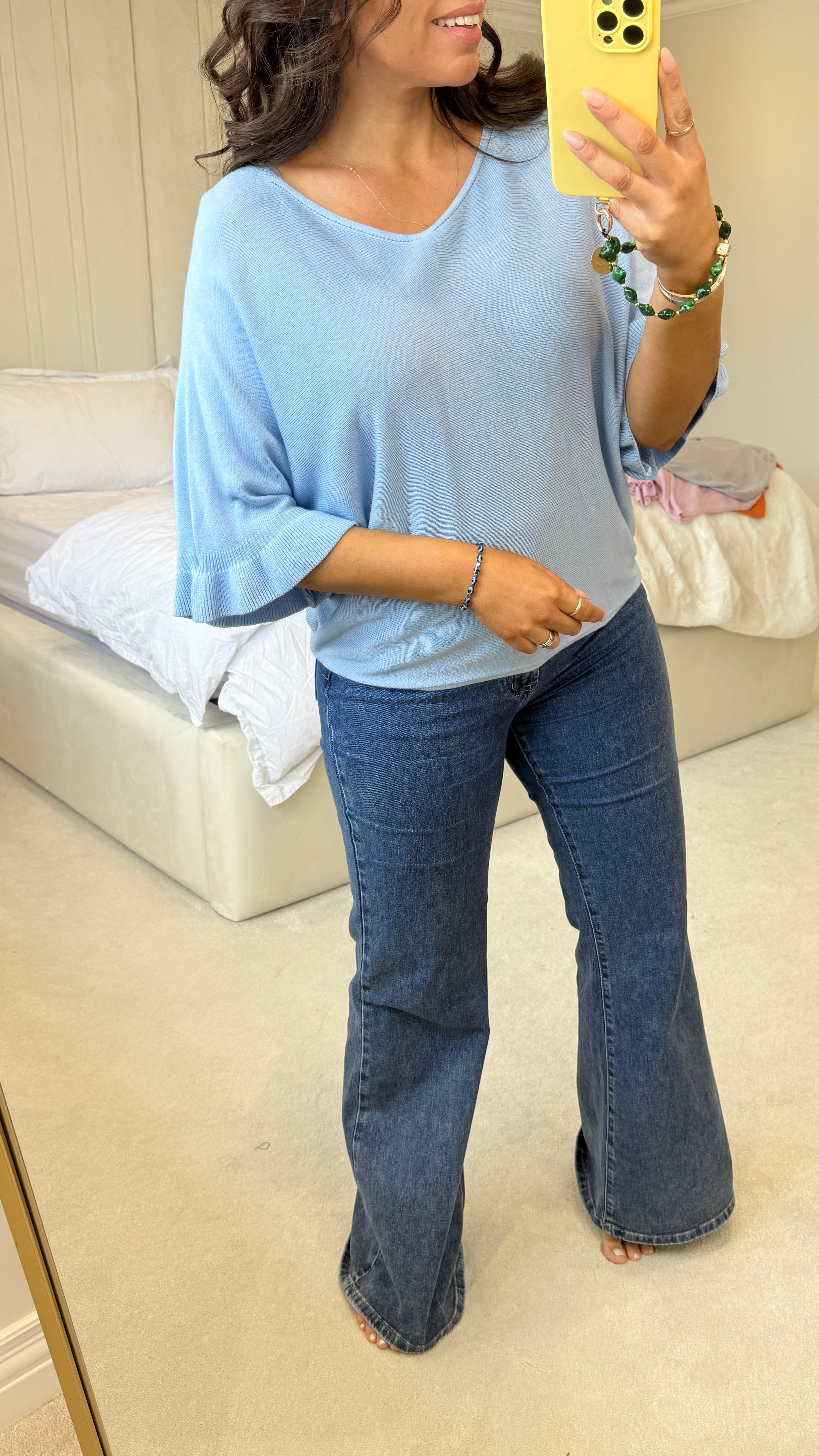 Kathy Plain Frill Sleeve Thin Knit Loose Fit Top