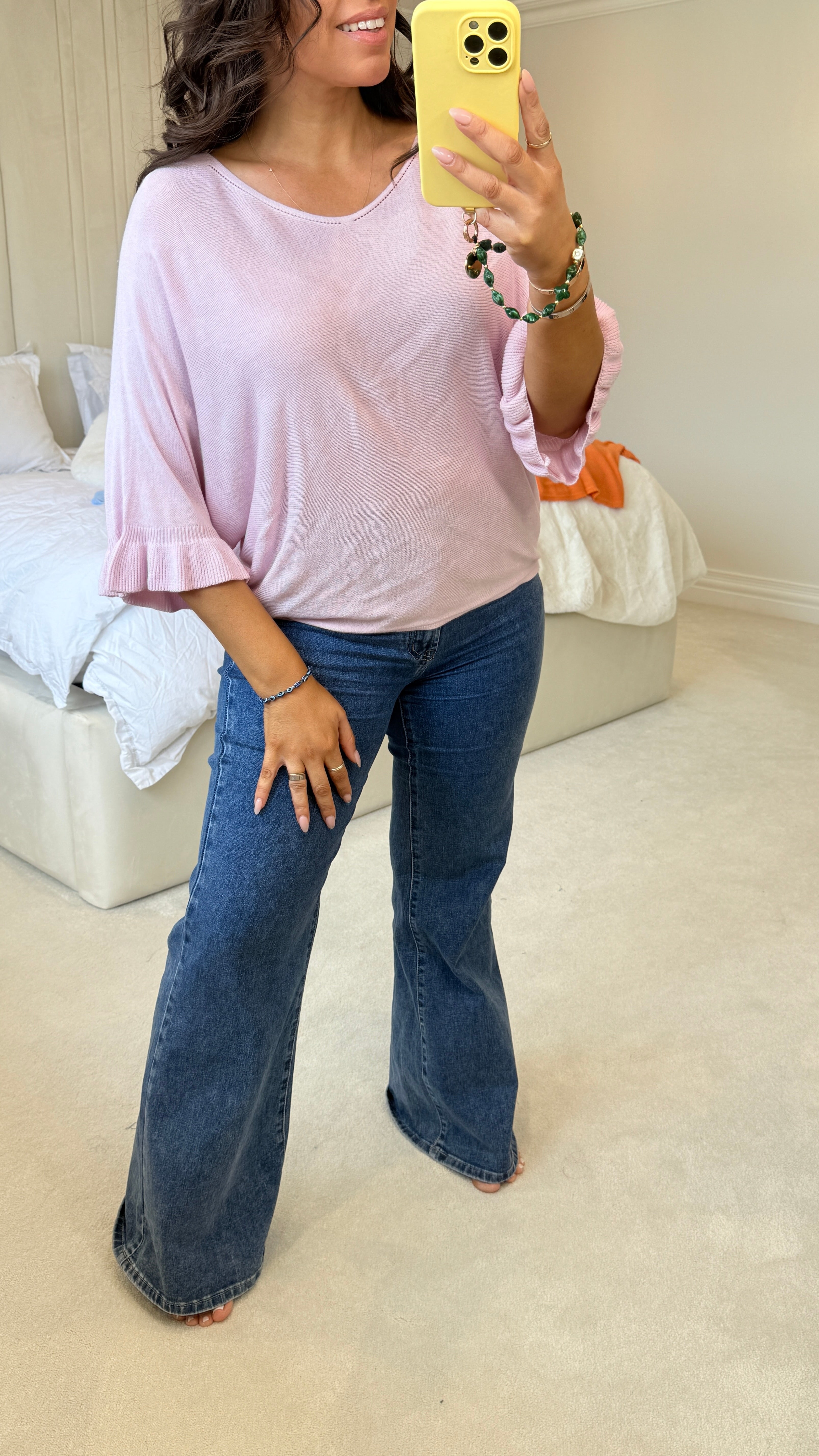 Kathy Plain Frill Sleeve Thin Knit Loose Fit Top